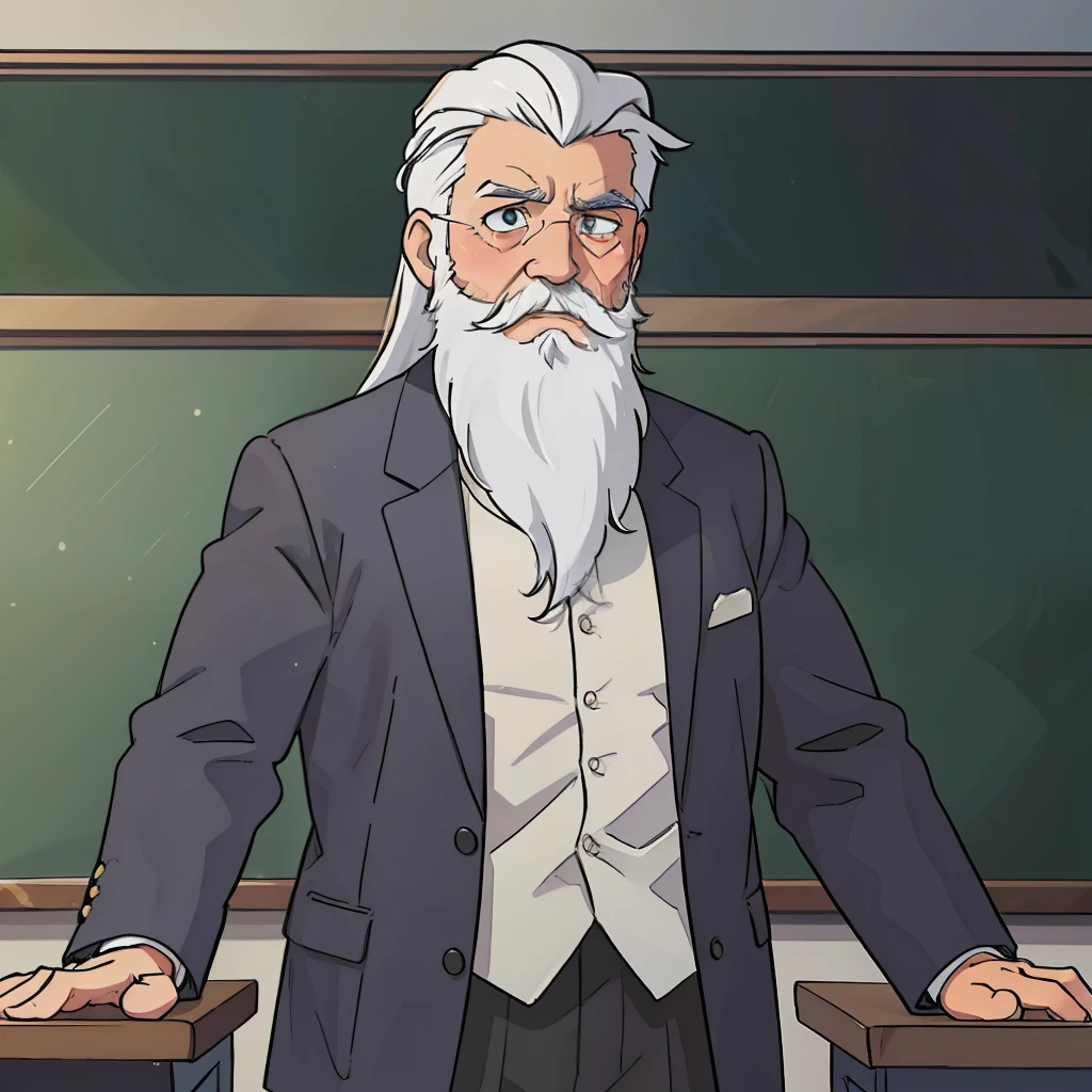 An old man with white hair and a long beard,Stand in the classroom,The expression is serious,Upper body display