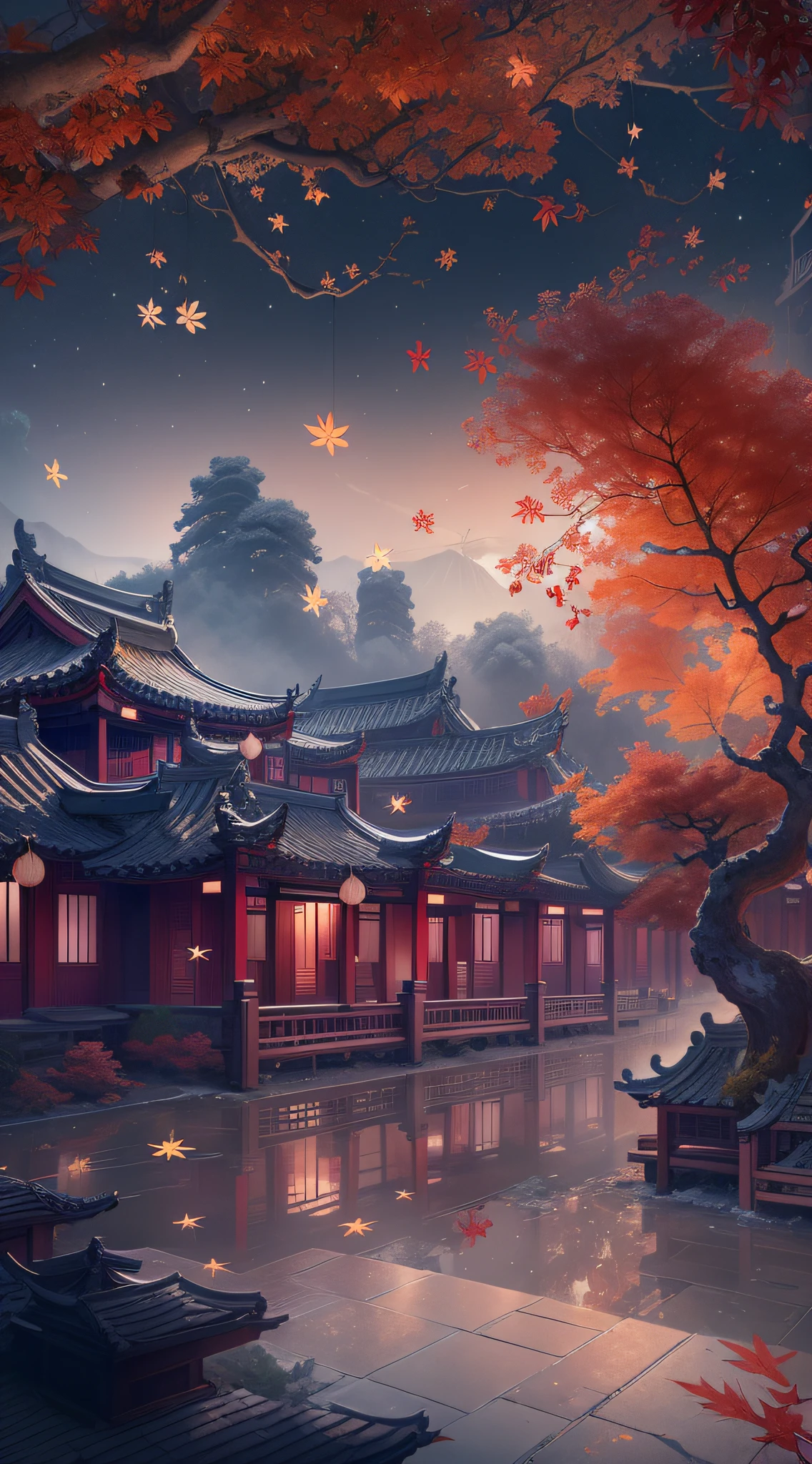 Rendering in surreal CG ancient China,Jiangnan ancient buildings and ancient towns have Yaolin wonderland。the night,The stars are bright,The smoke is fascinating,Maple leaves and milk leaves are trees。snow landscape。k hd