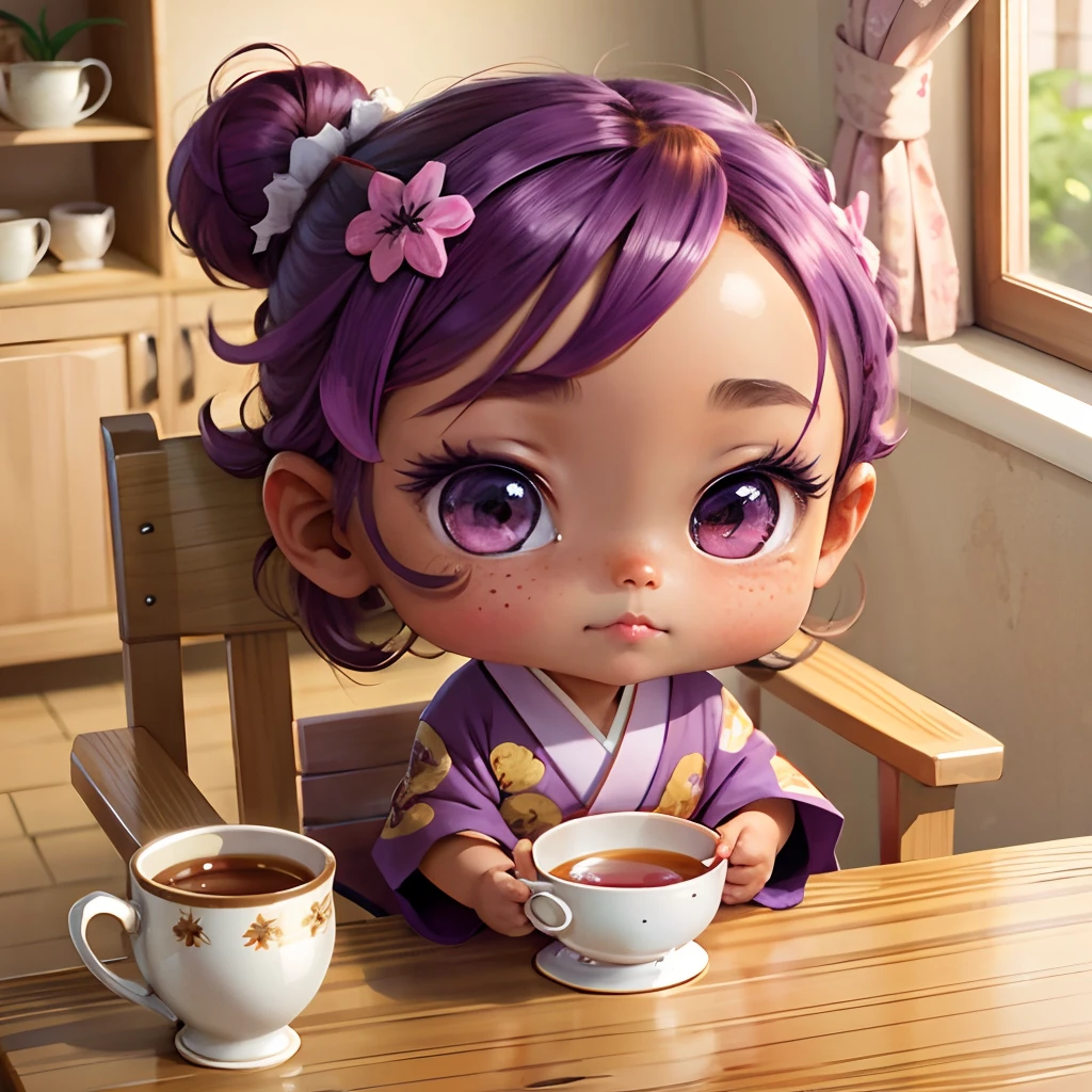 Cute brown skinned chibi anime, with freckles,purple and pink kimono, sit in tea cup