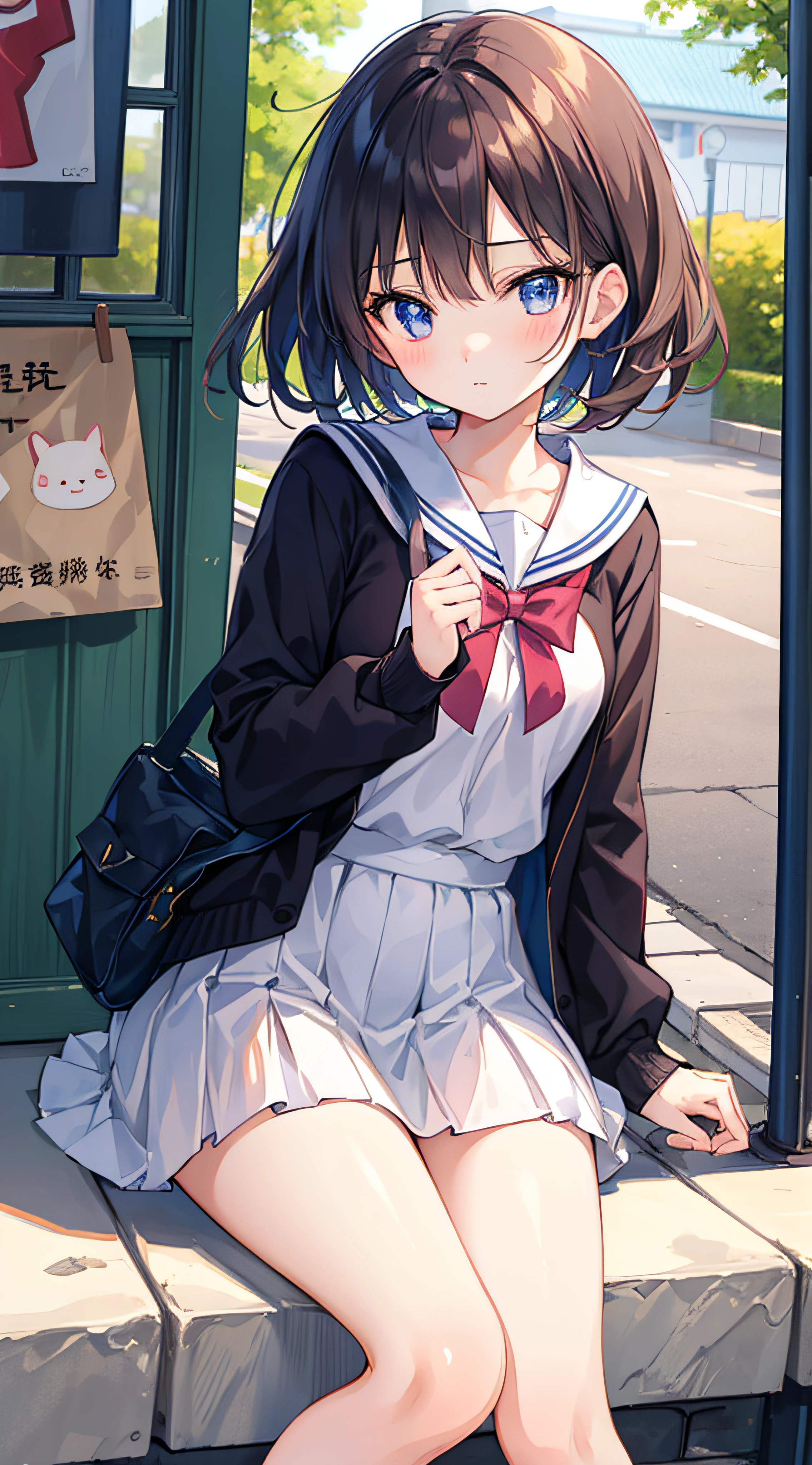 top-quality、tmasterpiece、1girl in、kawaii、Big high school girl、A miniskirt、sat on the ground,knee upright、Kamimei、Staring at me、