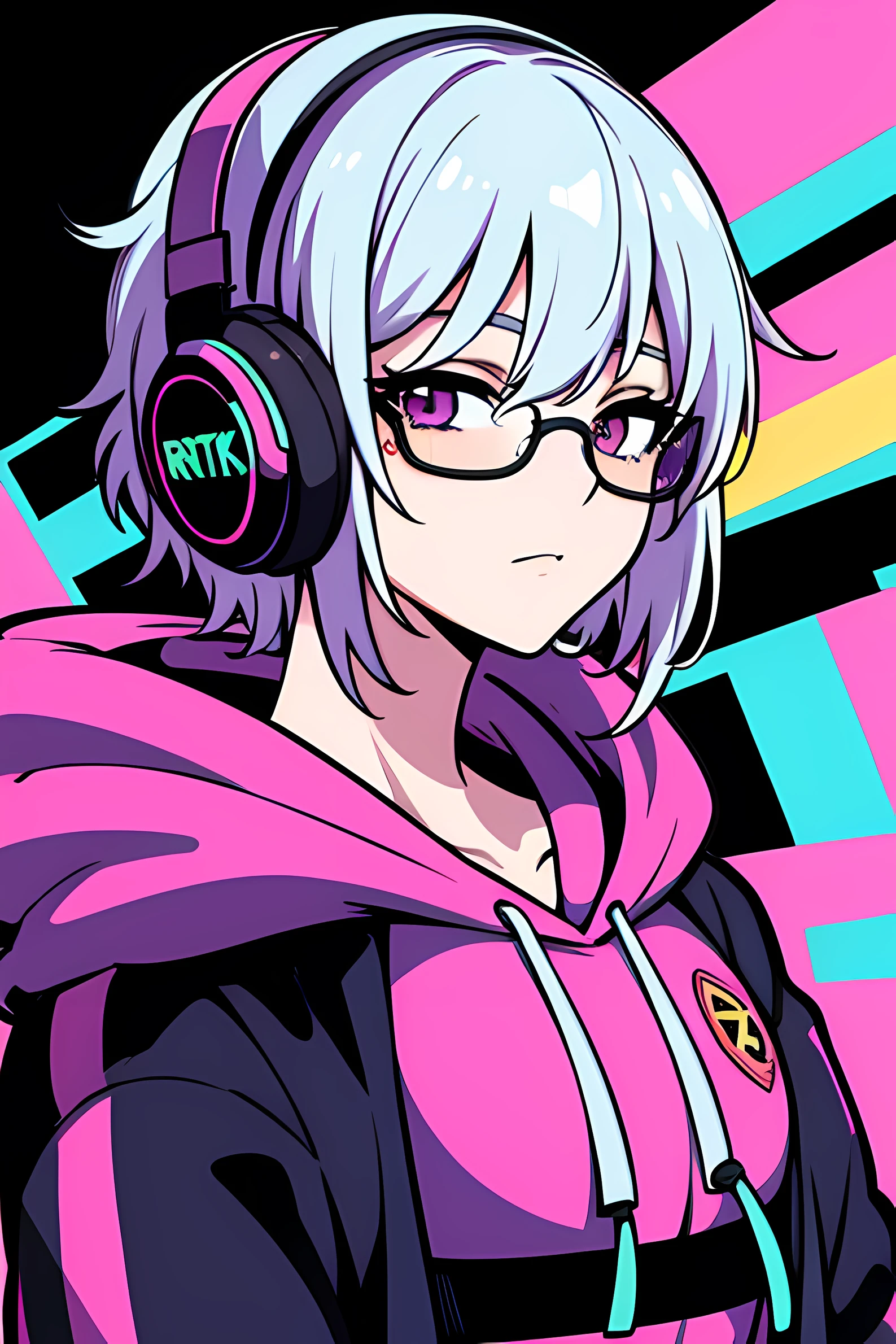 MOKATO SHINKAI, RAIN, RTX REFLECTIONS, COLOR BACKGROUND, Girl in Punk Style Hoodie Headphones in Neck And Sunglasses