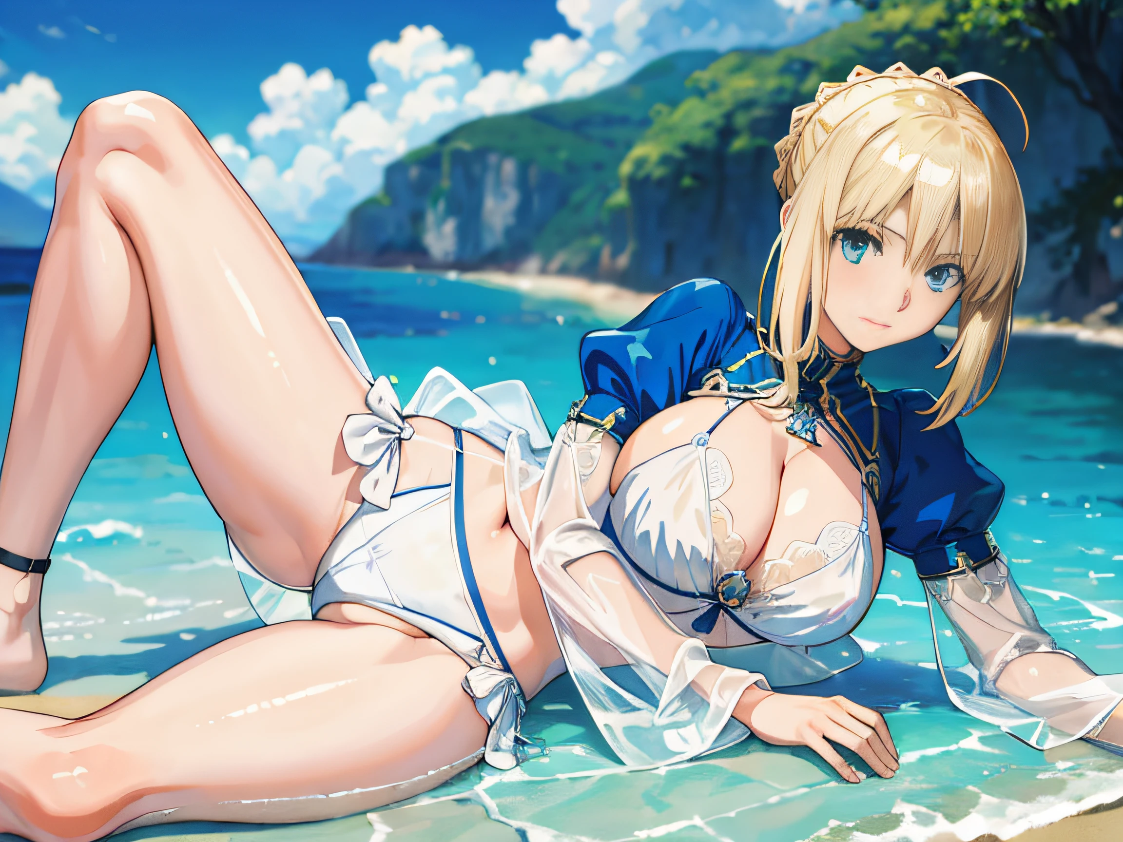 (Masterpiece:1.4), (Best quality:1.4), Realistic, 1girll,gigantic cleavage breasts，Artoria Pendragon \(fate\) , see-through transparent clothes，a white bikini, beach,laying on，spread their legs，tit
