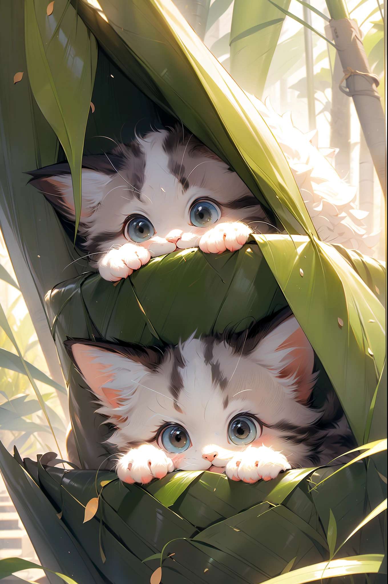 (tmasterpiece，best qualtiy：1.2），A kitten，Small hillside，Rochas，the trees，without humans，precipice