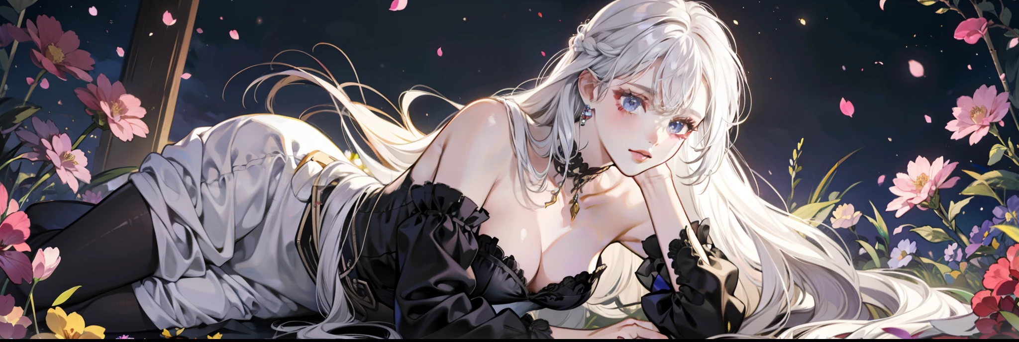 A maiden lying on various flowers,long layered silvery white hair,Long hair scattered,Long fluffy hair,Light purple eyes,Black dress,Shoulders exposed,The feeling of the wind blowing,the night,A background full of flowers,Lying on various flowers,Light,jewelry,Cinematic lenses,Light,atmosphere,Drawing,Full-HD,Ultra detailed,carefully drawn,