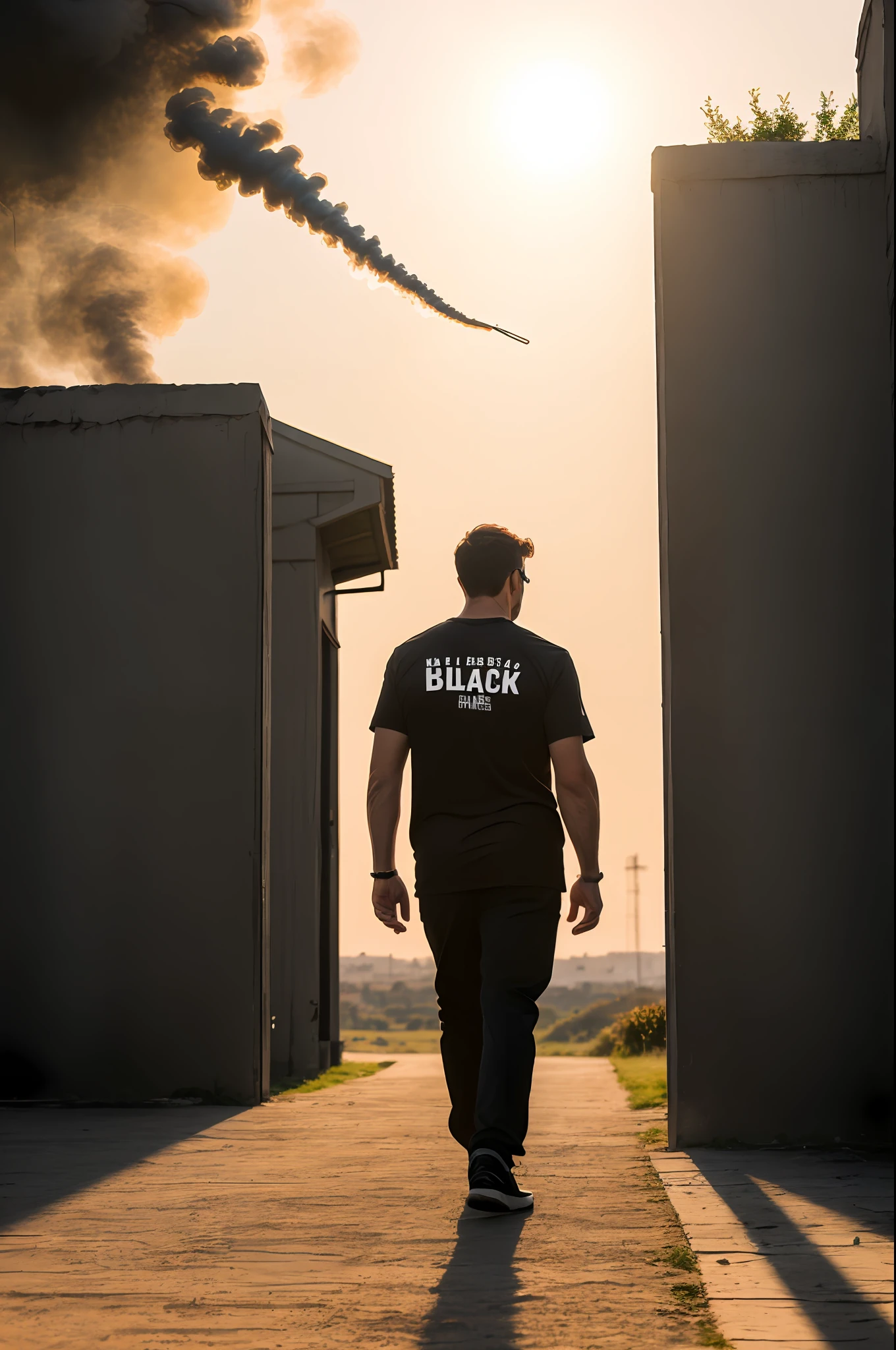 A men in black t-shirt walk in evening sun set with smoking highly realistic 33mm photography
