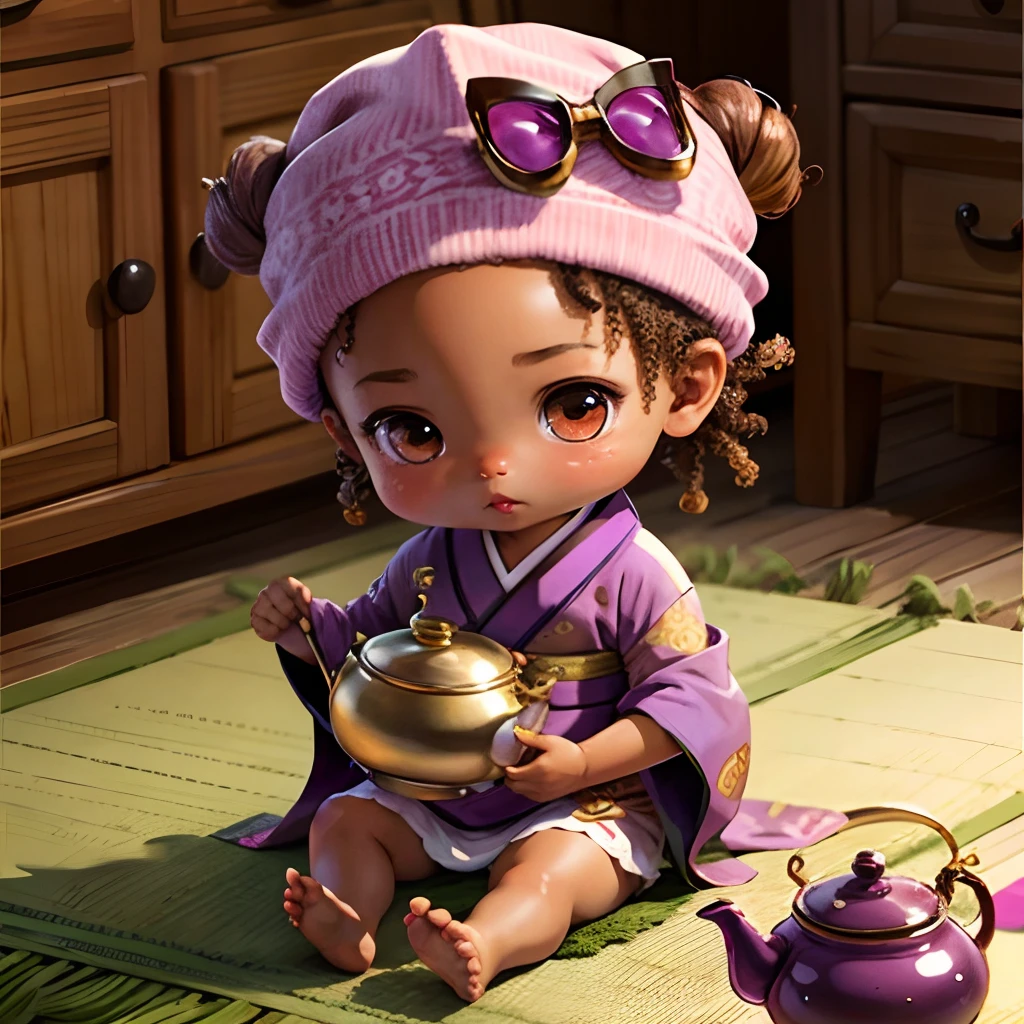 Cute brown skinned baby chibi anime, with freckles,purple and pink kimono, sit in tea pot