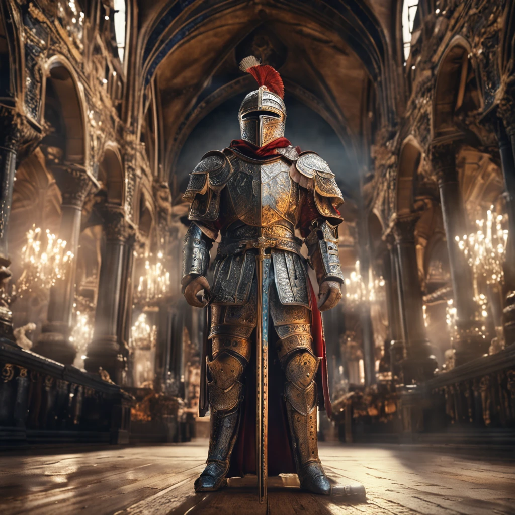 Best quality, Masterpiece,, (photograph realistic:1.4), Dream-like,fusionart, Royal knight, Decorated with shining armor decorated with intricate carvings, King Arthur, Joan of Arc, The armor shines with a metallic luster, Reflects the light of the morning sun