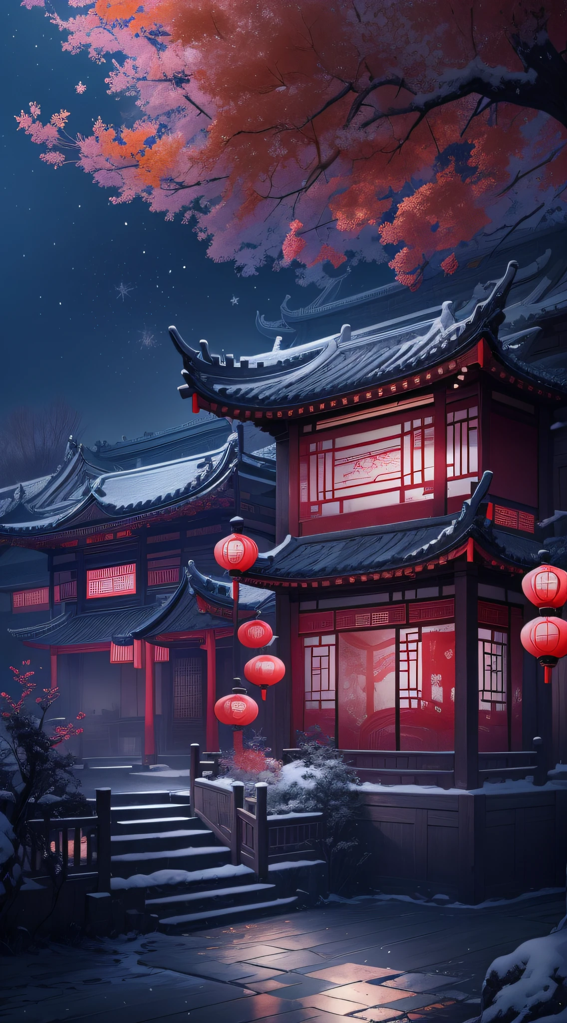 Rendering in surreal CG ancient China，Jiangnan ancient buildings and ancient towns have Yaolin wonderland。the night，The stars are bright，The smoke is fascinating，Maple leaves and milk leaves are trees。snow landscape。k hd