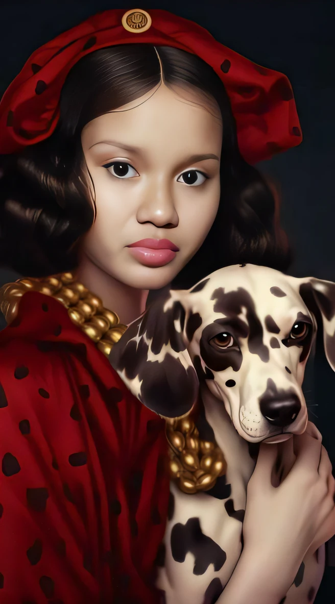 A closeup of a girl holding a Dalmatian dog, inspirado em Karel Dujardin, Directed by: Bernard van Orley, inspirado em Hendrick Terbrugghen, inspirado em Ray Caesar, inspirado em Gerald van Honthorst, inspired by Jean-Étienne Liotard, Directed by: Nil Gleyen, inspirado em Rudy Siswanto, Directed by: Derek Zabrocki