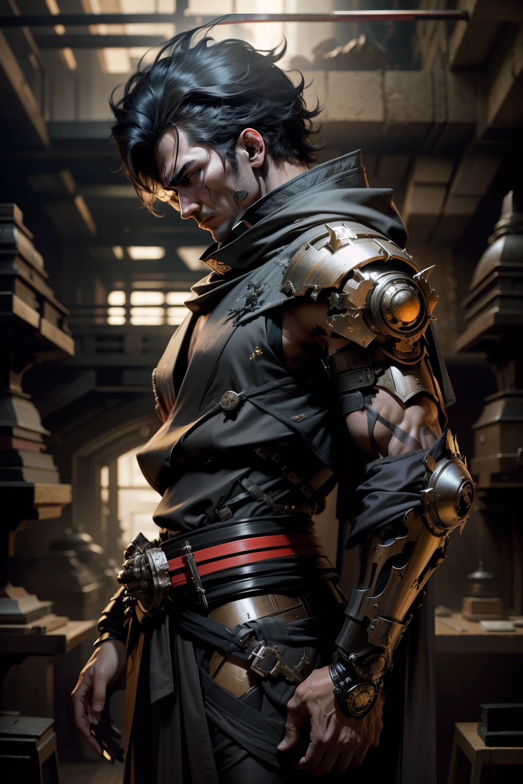 (absurderes, A high resolution, Ultra detailed),(Masterpiece, Best quality:1.2),Dark_fantasy,Cyberpunk,1man Mechanical marvel,Robotic presence,cybernetic guardians, samurai mechanical armour, katana on the waist, absolutely stunning art,Wearing a black cloak, highest quality art, Highest resolution, ultra - detailed,Black and red, (Mechanical ninja:1.2) Face delicate, cold expression, handsome man
