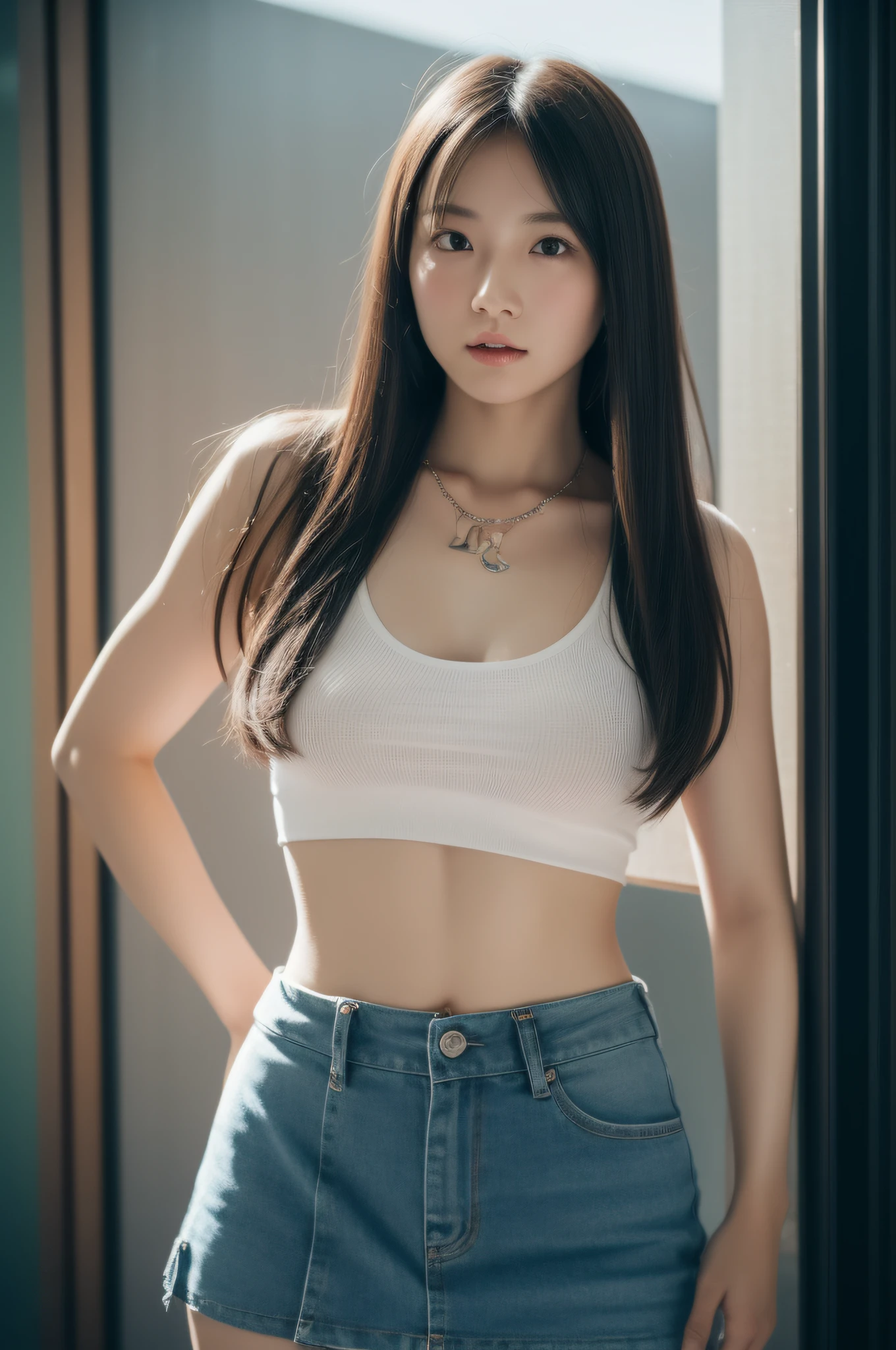 One lady、Thin T-shirt wet、String pants、a short skirt、Japan girl with beautiful face。Necklaces and hair ornaments、embarrassed from、teats see through、(fully body photo:1.6)、Inside the city、Photorealistic images using the Tyndall effect。Has highly detailed skins and soft lighting、Photos taken in 8K UHD high resolution。Realistic sensual gravure idol、(Looking at the camera:1.3)、legs are long、The torso is short、Plump body、