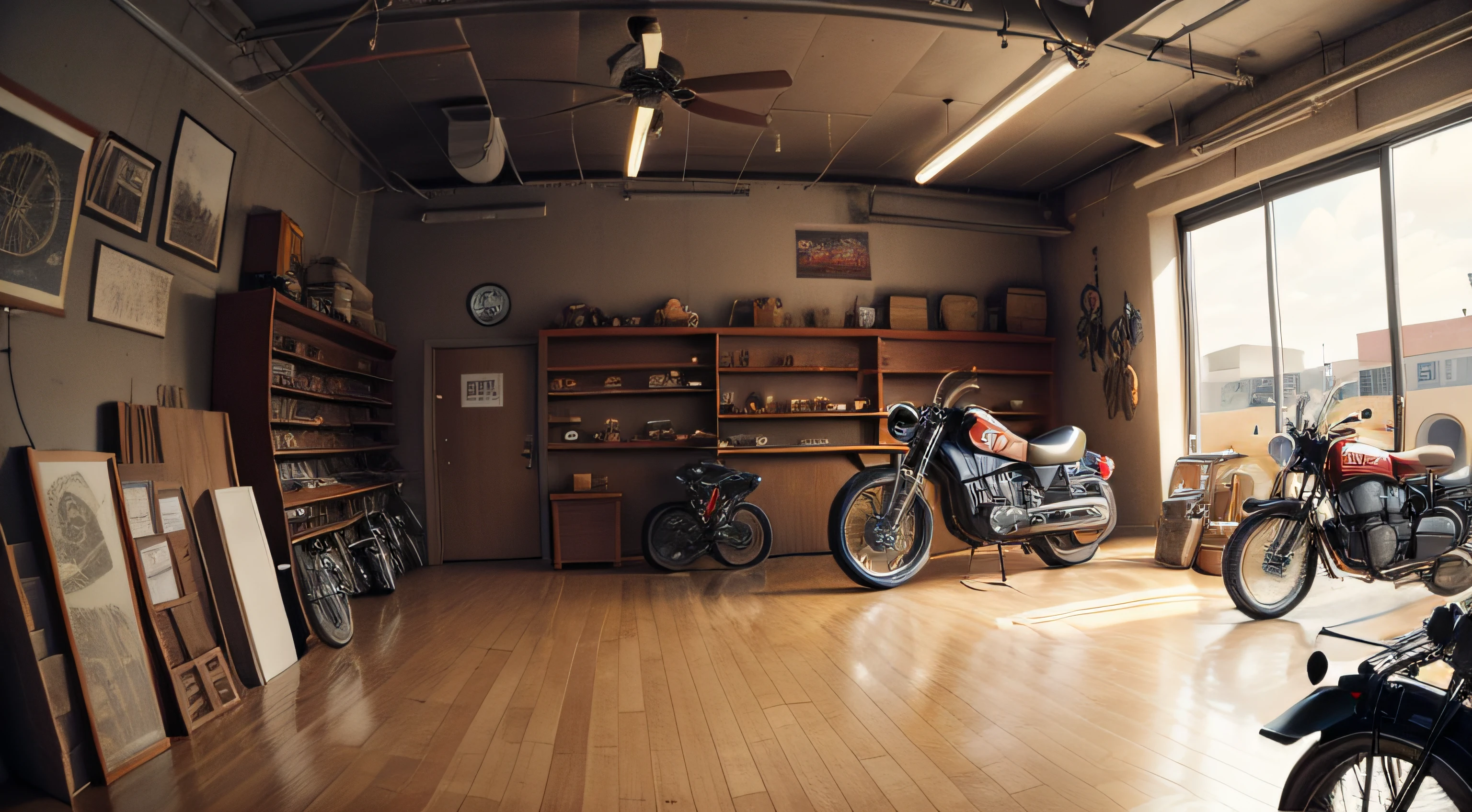 cartoon interior of a   motorcycle repair shop downtown