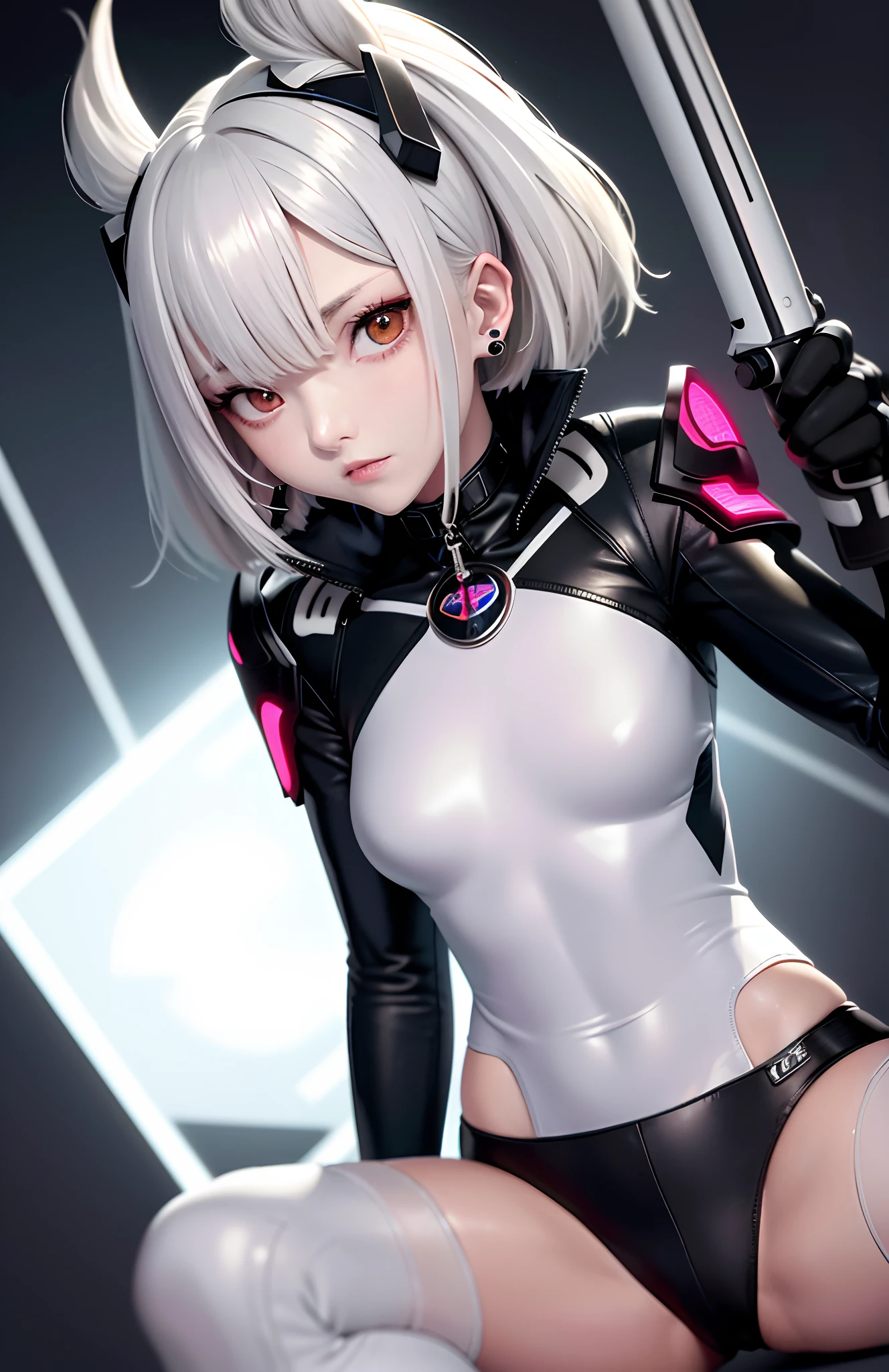 optimum,tmasterpiece,A high resolution,best qualtiy,hyper HD,super detailing,Award-Awarded,16k,独奏,(The upper part of the body),anatomy correct,Beautiful cyberpunk girl,cute face,,Gradient Beige Hair,Hairline,((Scarlet eyes)),long eyelasher,Hanging eye corners,White skin of the,(small boobs),(Slim body),((Women's extra short shawl leather jacket)),((bikesuit)),ear studs,(neck rings),(Laser material clothing:1.2)