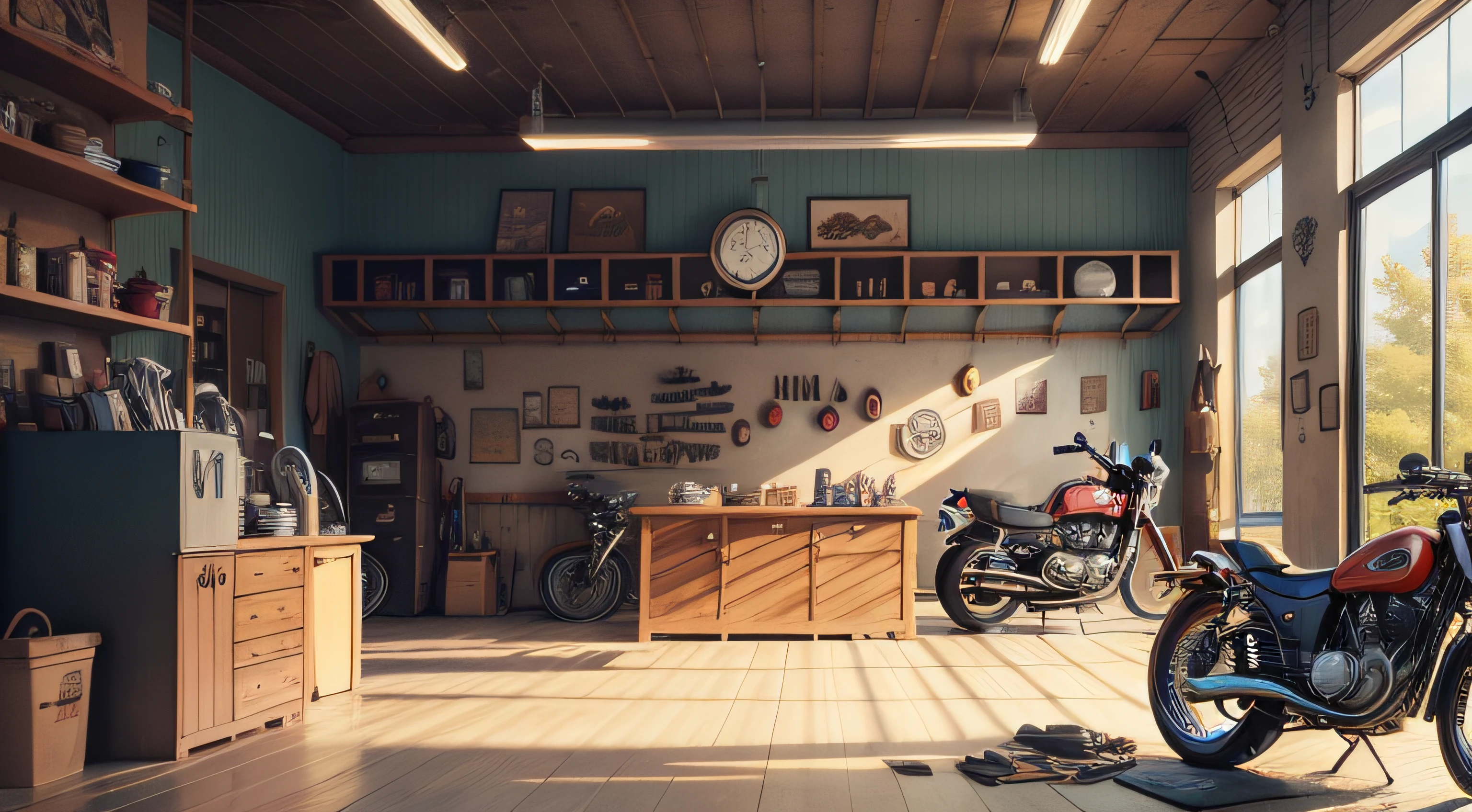 cartoon interior of a   motorcycle repair shop downtown