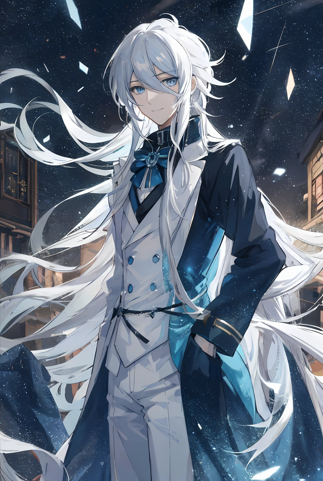 Anime character with long white hair and blue eyes, Best anime 4k konachan wallpaper, White-haired god, white haired Cangcang, Tall anime guy with blue eyes, , 4k manga wallpapers, nagito komaeda, style of anime4 K, young anime man, Anime art wallpaper 8 K, Anime wallpaper 4 k, Anime wallpaper 4K slim fit long trench coat smile slightly curved corners of eyes