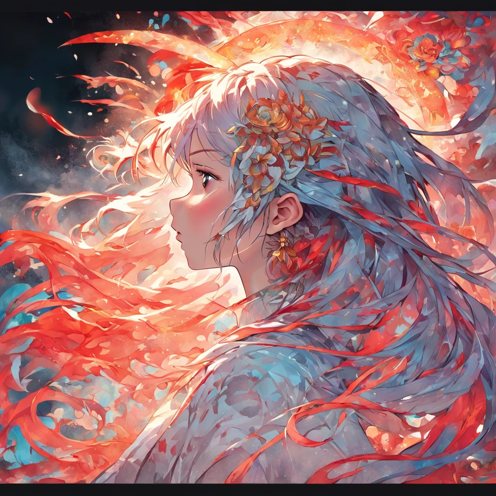 (White background:1.4),(Silhouette of a girl's head, Eyes closed, colorfull long hair, Oriental elements),(Chinese illustration:1.3,paper art:1.3, Quilted paper art:1.2),( reasonable design, Clear lines, High sharpness,Best quality, Very detailed, Masterpiece, movie light effect, 4K )