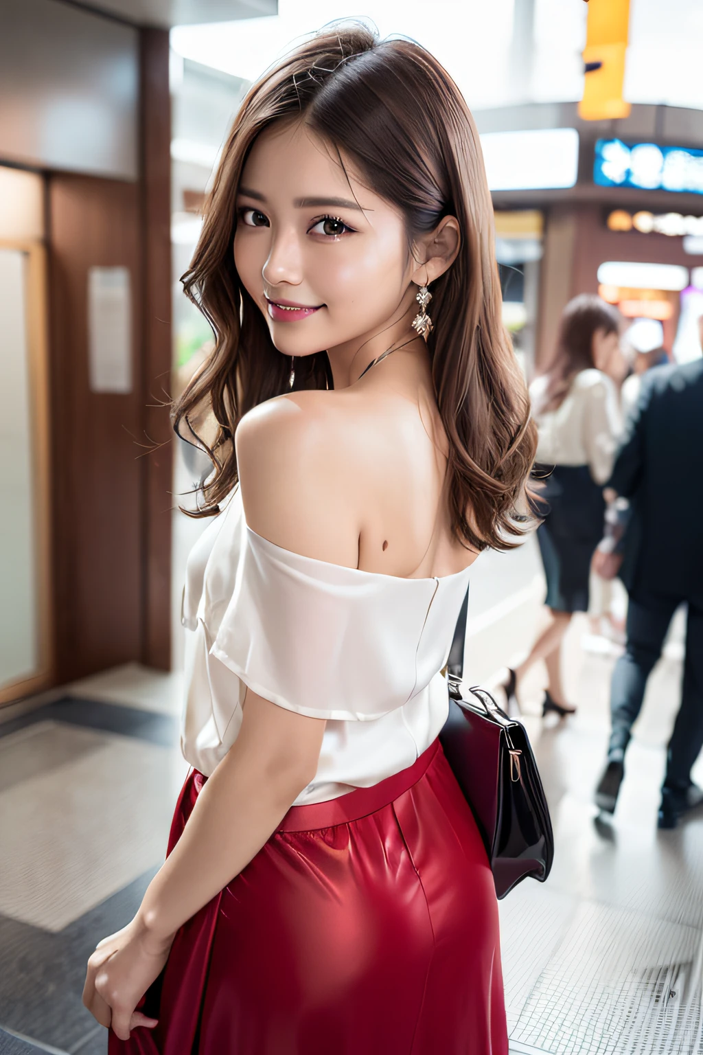 (masterpiece:1.3), high resolution, ultra detailed, extremely detailed CG unity 8k wallpaper, realistic, photo-realistic, RAW photo, beautiful detailed face, pale skin, realistic glistening skin, detailed cloth texture, detailed hair texture, Perfect body, Beautiful Face, accurate, Anatomically correct, Highly detailed face and skin texture, natural neck length, (beautiful hands), (fair skin:1.2), Thin legs, Thin feet,
BREAK,
Detailed eyes, symmetric eyes, Light Brown eyes, Double eyelids, Thin eyebrows, (Glossy lips:1.4), ((Very provocative smile:1.2)), (blush:1.1),
BREAK,
(A classy and Cute girl:1.3), (wearing a classy one-shoulder White silk Blouse:1.2), (long Circular skirt of Red color:1.2), close the button,
medium breasts, (slender figure:1.1), firm abs, beautiful clavicle,
(Dark blonde hair, wavy hair:1.1), ((long hair:1.2)), ((asymmetrical bangs:1.2)), ((A small bag over shoulder:1.2)),
BREAK,
((Looking back with reaching out at one hand:1.2)),
((in the entrance of Ikebukuro station at AM 10 o'clock:1.2)), (Cowboy shot:1.2), From back,