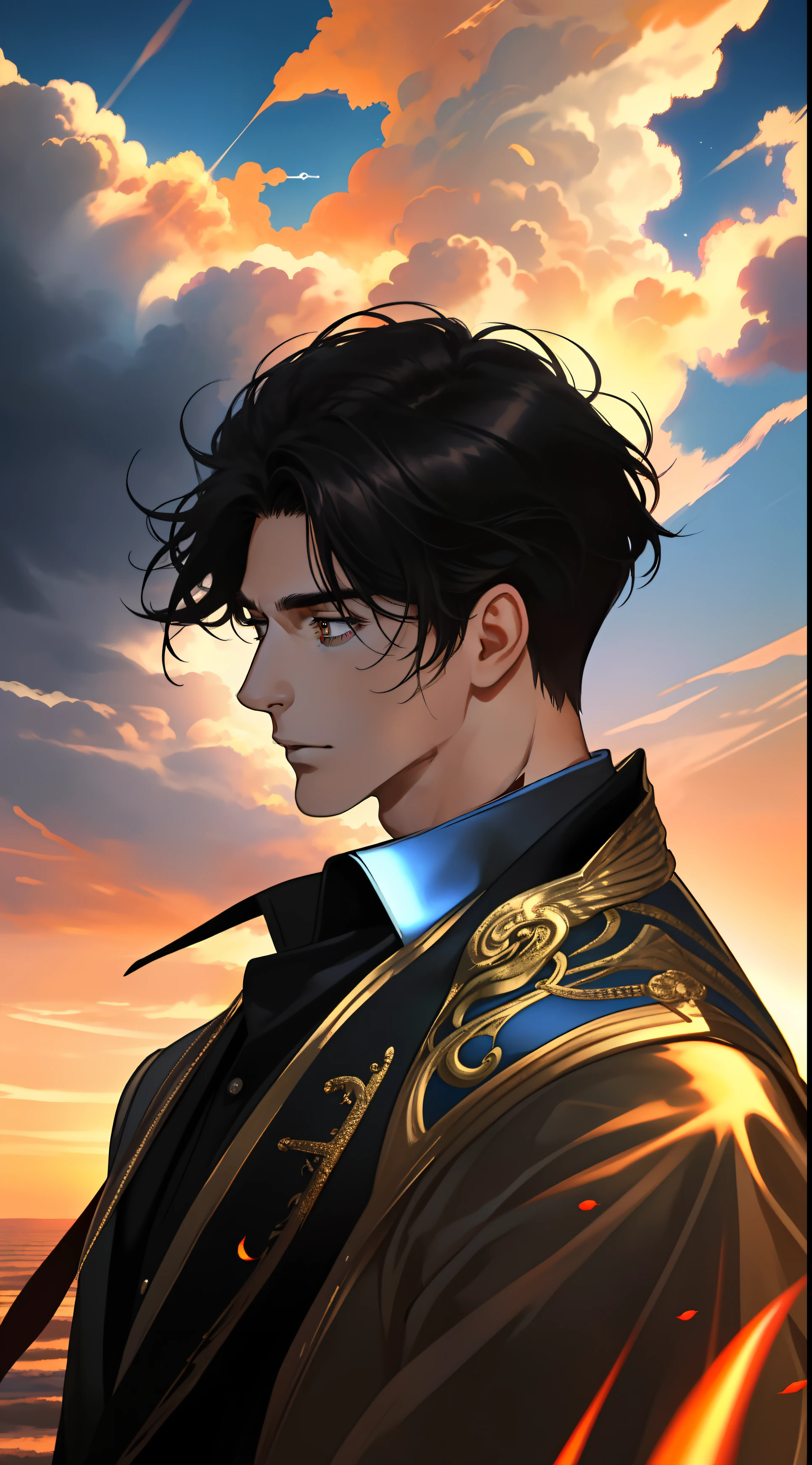 masterpiece, best quality, movie still, 1 man, tall muscular guy, flying bangs, black hair, delighted scene, cloud boy, floating in the sky, close-up, bright, happy, warm soft lighting, sunset, (sparks:0.7), side view, suit, fishes surrounded him