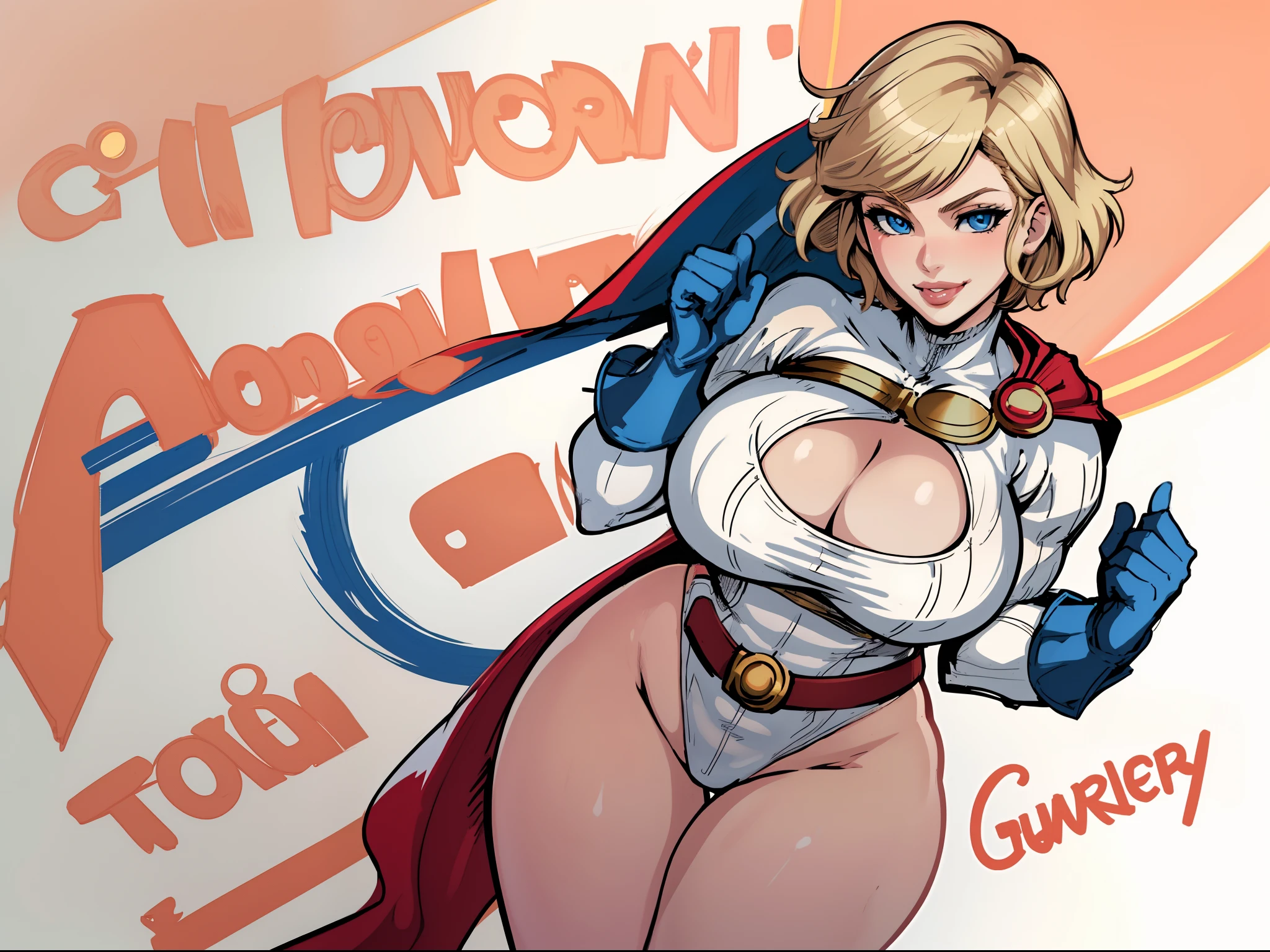 power girl, lips,Smile, Cleavage cutout, center opening, belt, blonde hair, blue eyes, cape, cleavage, blue gloves, highleg, white leotard, Short hair, 1girl, full - body, Masterpiece, Best Quality,