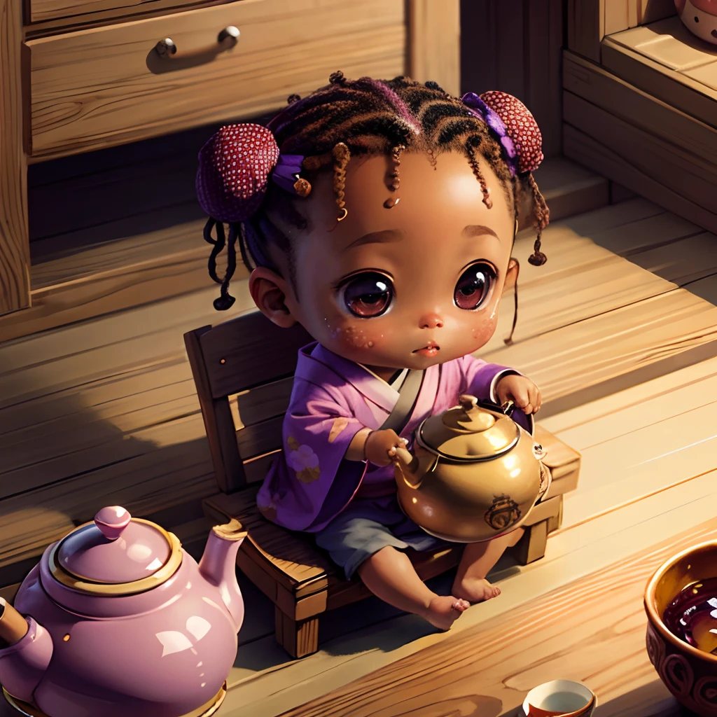 Cute brown skinned baby chibi anime, with freckles,purple and pink kimono, sit in tea pot, drink tea