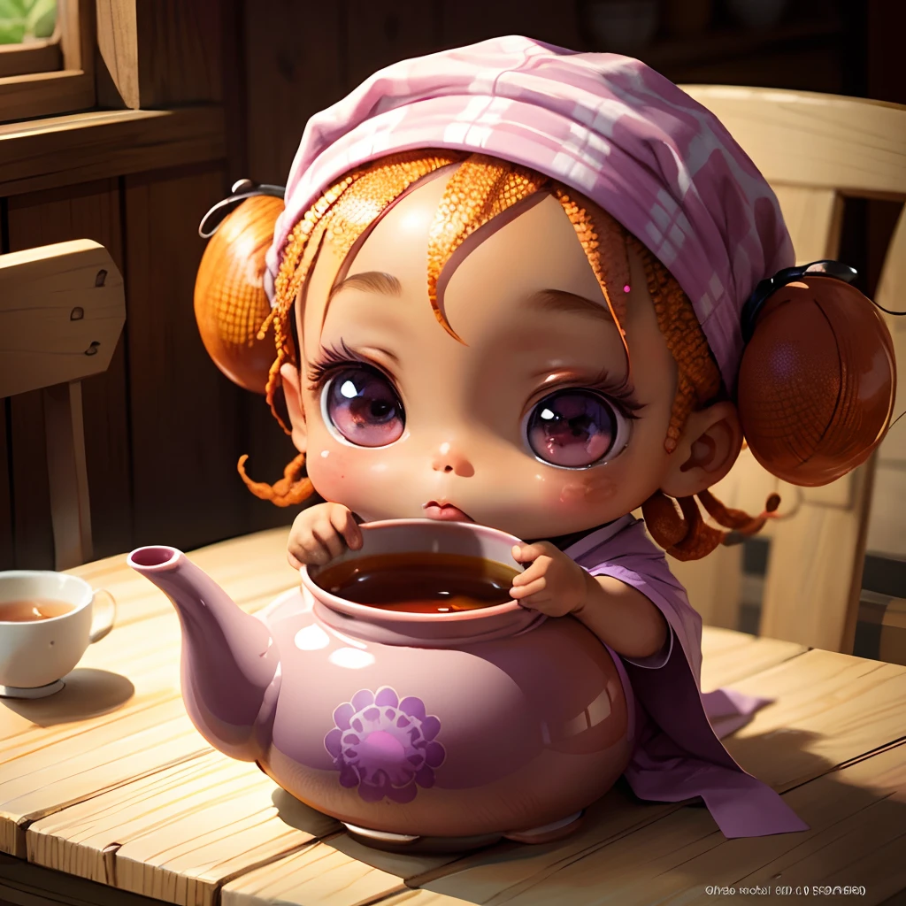 Cute brown skinned baby chibi anime, with freckles,purple and pink kimono, sit in tea pot, drink tea