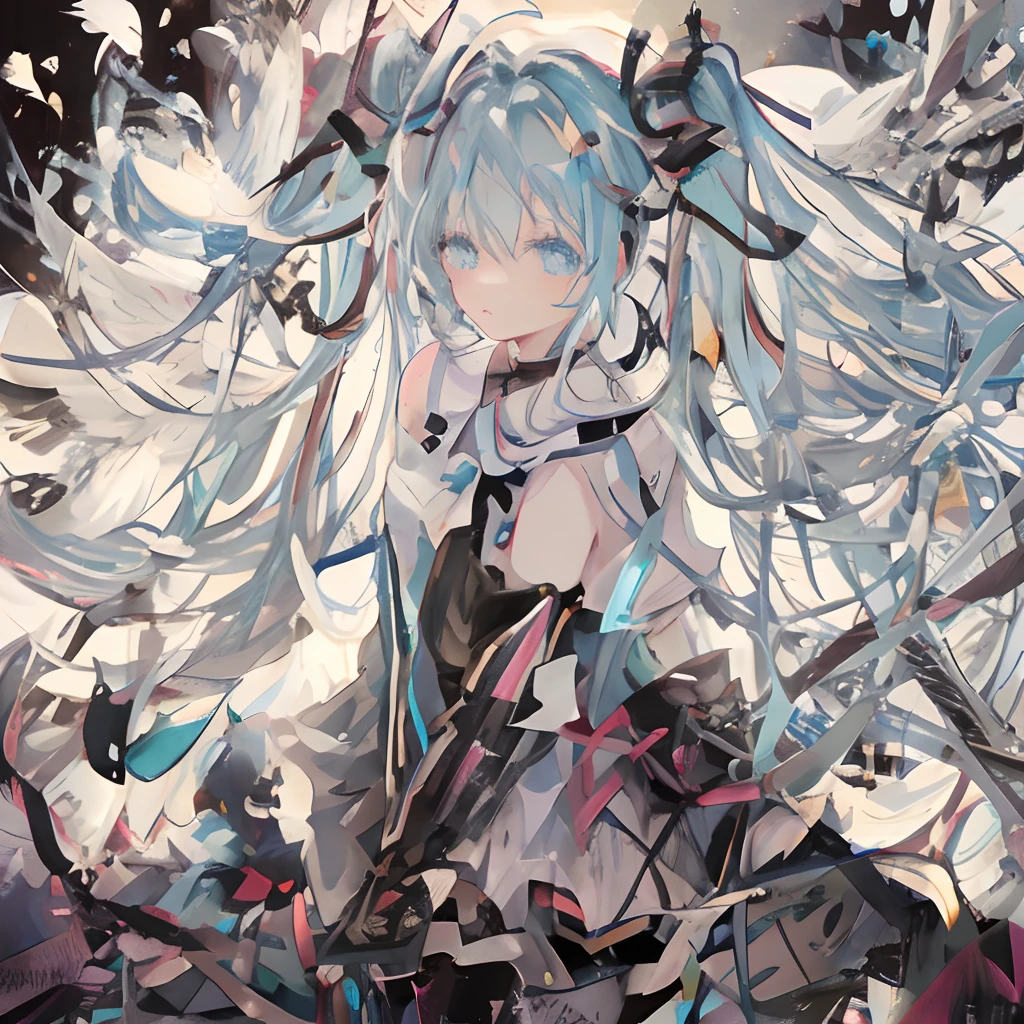 Anime girl with long hair and blue eyes standing in front of a bunch of birds, Portrait of Hatsune Miku, hatsune miku portrait, anime art wallpaper 4k, anime art wallpaper 4k, Anime art wallpaper 8k, Best Anime 4K Co Nachan wallpapers, digital art on pixiv, anime style 4 k, Hatsune Miku, zerochan art Fume、Lack of strength in the eyes、Do not draw contours、Pale watercolor、