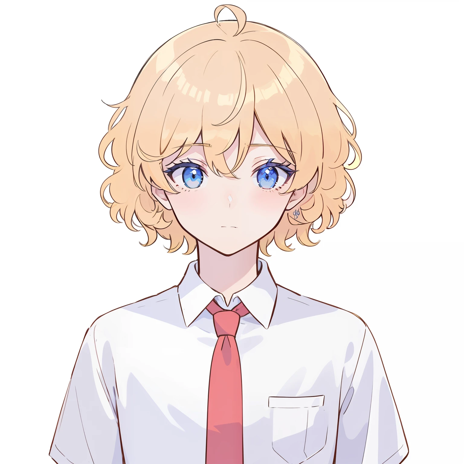 superfine illustration,Animated,1boy,man,Man's,Yaoi,Guy,man,Man's,Short hair,Curly hair,Parted bangs,Blonde hair,Blue eyes,White skin,white  shirt,red necktie