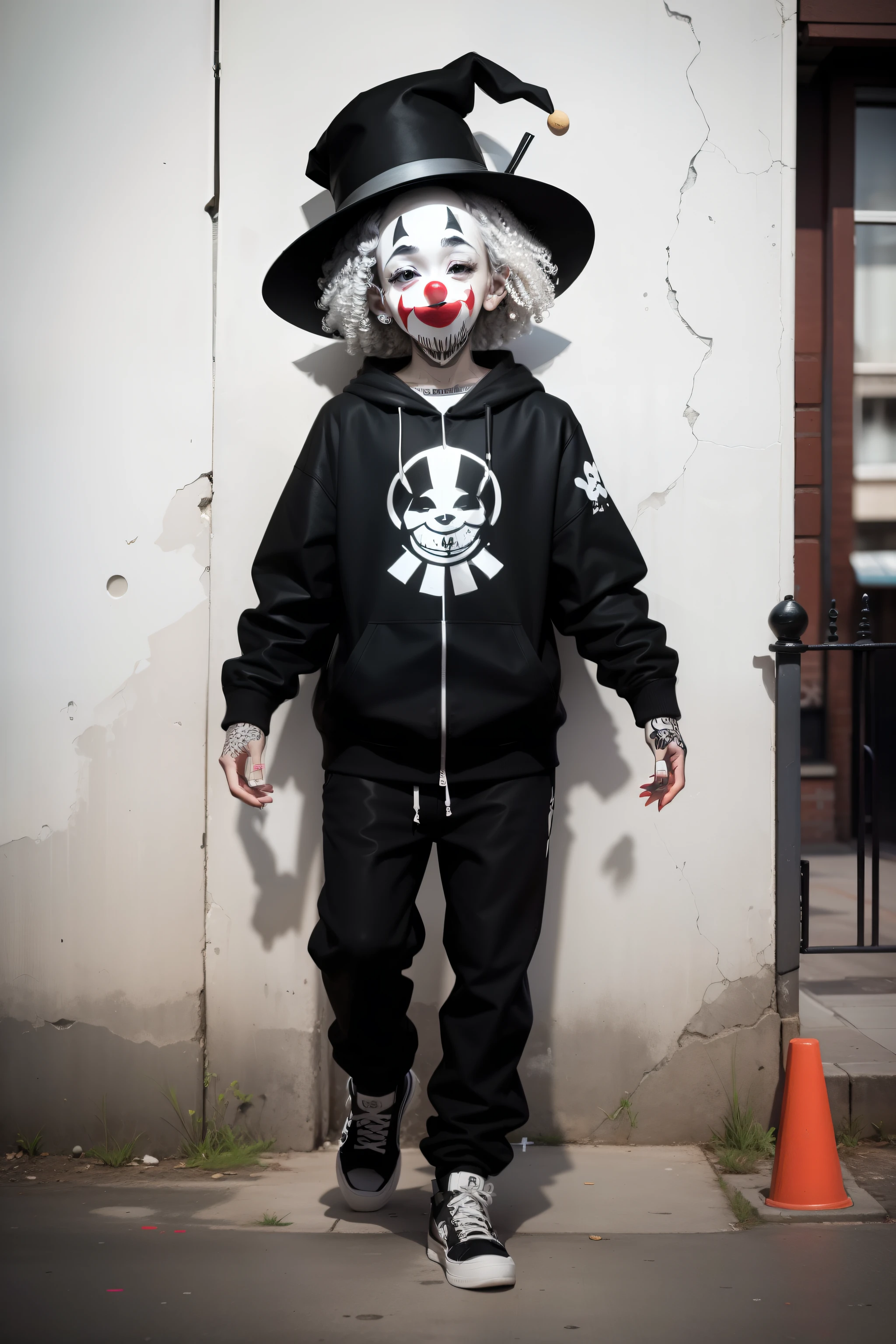 A lively clown in a vibrant costume skips happily to the left, man,,banksy,Stencil graffiti,monotone,monotone,monotone,monotone,monotone,black and white,black and white,black and white,black and white,black and white,black and white,Stencil graffiti,Stencil graffiti,Stencil graffiti,Stencil graffiti,Stencil graffiti,