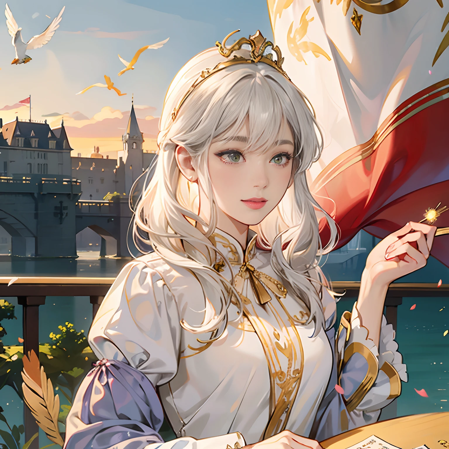 Women in Their 20s, Fantasia、offcial art, unity 8k wall paper, ultra-detailliert, beautifly、Aesthetic, ​masterpiece, top-quality, Photorealsitic, A Princess、Silver-white hair、Luxurious white dress、a golden tiara、Gold embroidered red curtain、Bird feather ornament、Diamond necklace、Red eagle emblem flags lined up、Flowing in the wind、Castle balcony、green plant、depth of fields, Fantastic atmosphere, Calm palette, tranquil mood, Soft shading、bbw、very large breast、plump figure、Flock of small red birds