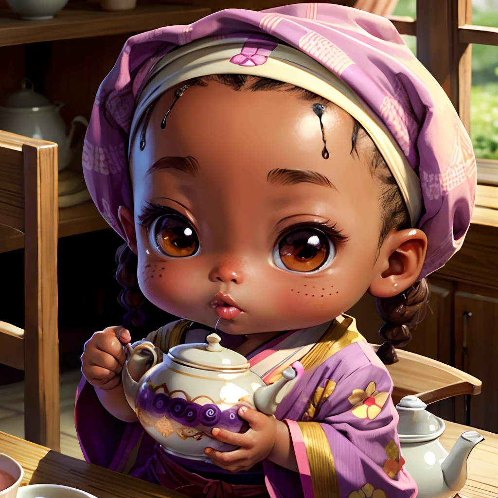 Cute brown skinned baby chibi anime, with freckles,purple and pink kimono, sit in tea pot, drink tea