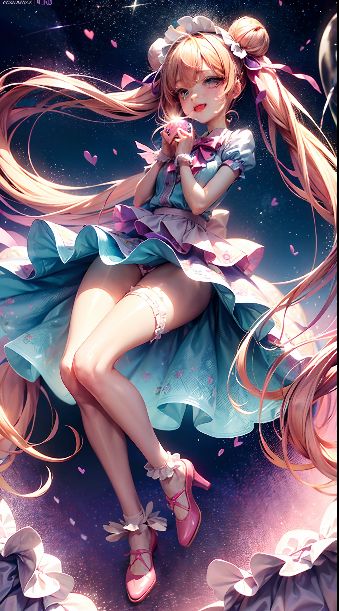 (fullbody, legs and shoes visible: 1.2)) expressive eyes, 1girl, pale skin, long hair, windblown hair, ((absurdly long hair)), long sidelocks, hime bangs, hair fringe, hair bun, ((very long twintails)), iridescent hair, light pink hair, blushing, full face blushing, big sparkling pastel purple eyes, (gradient eyes), open mouth smile, cute pose, ((holding balloons : 1.3))
((cute and pastel fashion)) ((🦄🎠🎈🎉 theme : 1.4)) flowy pastel dress, ((dreamy multicolored open dress)), (floating ribbons), lavender ruffles, pink frills, (light blue lace), detached short sleeves, puffy skirt, ((rainbows and stars print skirt : 1.3)), ta skirt, purple bows, ((pompon ribbons hair ornament : 1.4)), multiple bows, striped lace stockings, (heart shaped leg garter), cute (pastel purple) shoes ((hyperdetailed clothing and fashion)) looking at you, vintage girl, blushing, (beautiful detailed eyes), (extremely detailed CG unity 8k wallpaper) (best shadow), ((an extremely delicate and beautiful)), (detailed light), ((depth of field)) big head, big sparkling eyes, moe, splash art, cinematic lighting, frontal view, volumetric lighting maximalist photo illustration 64k resolution high res intricately detailed complex key visual precise linear
((in the dreamy pastel sky background, surrounded by sunset clouds, shooting stars, castles in the clouds)) ((hyperdetailed scenery, foggy clouds, suspended by balloons, hearts : 1.3))
