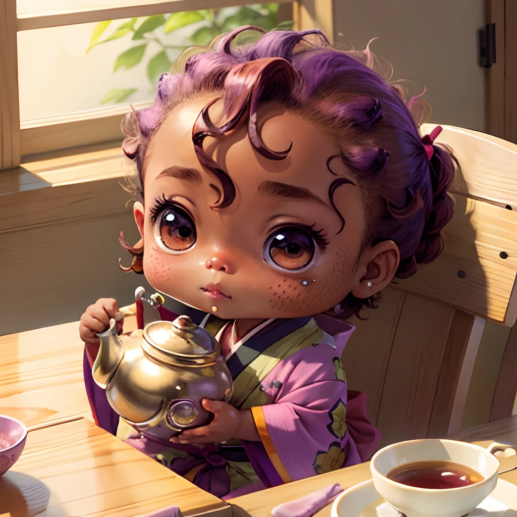Cute brown skinned baby chibi anime, with freckles,purple and pink kimono, sit in tea pot, drink tea, curly black hair
