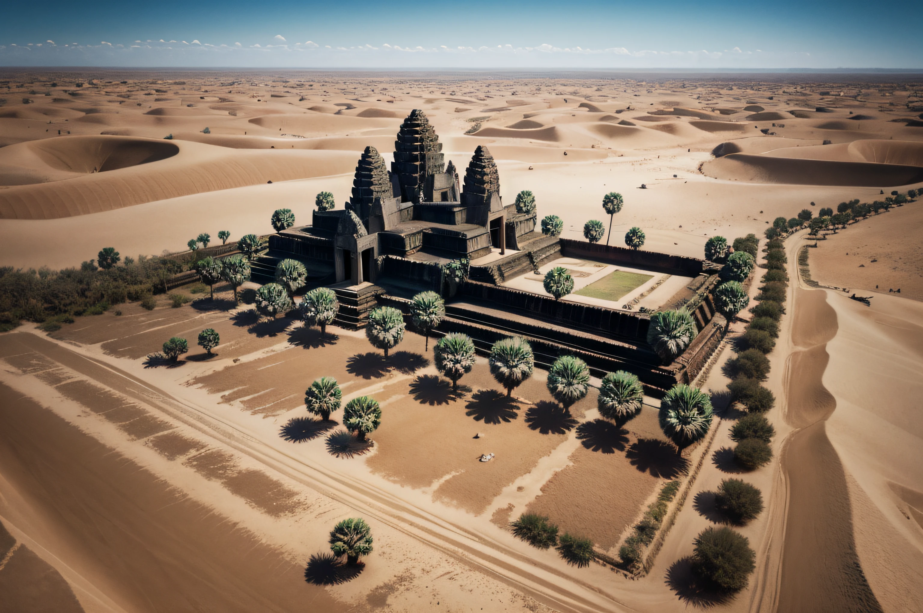 angkor wat in the desert sand, realistic landscape, 8k, realistic texture, high quality photo,