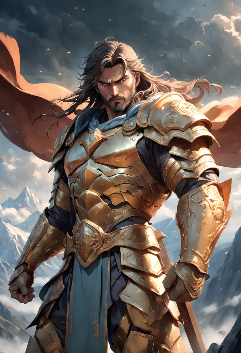 a close up of a person in armor holding a sword, Complex armor patterns,Golden armor,Stand on top of a high mountain,Clouds in the sky surround the sun,(professional 3d render:1.3) af (Realistic:1.3) The most beautiful artistic photo in the world,soft features, Brilliant male hero, ((Epic hero rough fantasy muscle male wet hero angry long hair, A strong expression of short beard and dynamic pose, Fantastic location, Majestic and cluttered environment)), Full body 8K unit rendering, action shot, skin pore, very dark lighting, heavy shading, A detailed, Detal Face, (vibration, Realistic photography, Realistic, Dramatic, darkly, foco nítido, 8K), (Old leather clothing damaged due to bad weather:1.4), ((((Use skins)))), (复杂:1.4), decadent, (highly detailed:1.4), digitial painting, rendering by octane, art stations, concept-art, Liso, foco nítido, illustration, From the budding of art, (loish:0.23), wlop ilya kuvshinov, e Greg Rutkowski e Alphonse Mucha Gracias, (global ilumination, studiolight, Amount of light), very heavy rain, Floating particles, lotr, fanciful, biz, Inteiroesbian body, ((Dark and ancient city background:1.3)),CGSesocieda,art stations