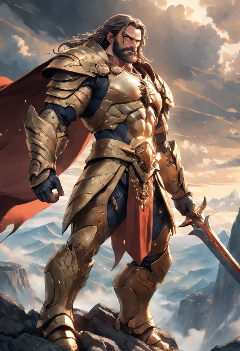a close up of a person in armor holding a sword, Complex armor patterns，Golden armor，Stand on top of a high mountain，Clouds in the sky surround the sun，(professional 3d render:1.3) af (Realistic:1.3) The most beautiful artistic photo in the world，soft features, Brilliant male hero, ((Epic hero rough fantasy muscle male wet hero angry long hair, A strong expression of short beard and dynamic pose, Fantastic location, Majestic and cluttered environment)), Full body 8K unit rendering, action  shot, skin pore, very dark lighting, heavy shading, A detailed, Detal Face, (vibration, Realistic photography, Realistic, Dramatic, darkly, foco nítido, 8K), (Old leather clothing damaged due to bad weather:1.4), ((((Use skins)))), (复杂:1.4), decadent, (highly  detailed:1.4), digitial painting, rendering by octane, art  stations, concept-art, Liso, foco nítido, illustration, From the budding of art, (loish:0.23), wlop ilya kuvshinov, e Greg Rutkowski e Alphonse Mucha Gracias, (global ilumination, studiolight, Amount of light), very heavy rain, Floating particles, lotr, fanciful, biz, Inteiroesbian body, ((Dark and ancient city background:1.3)),CGSesocieda,art  stations