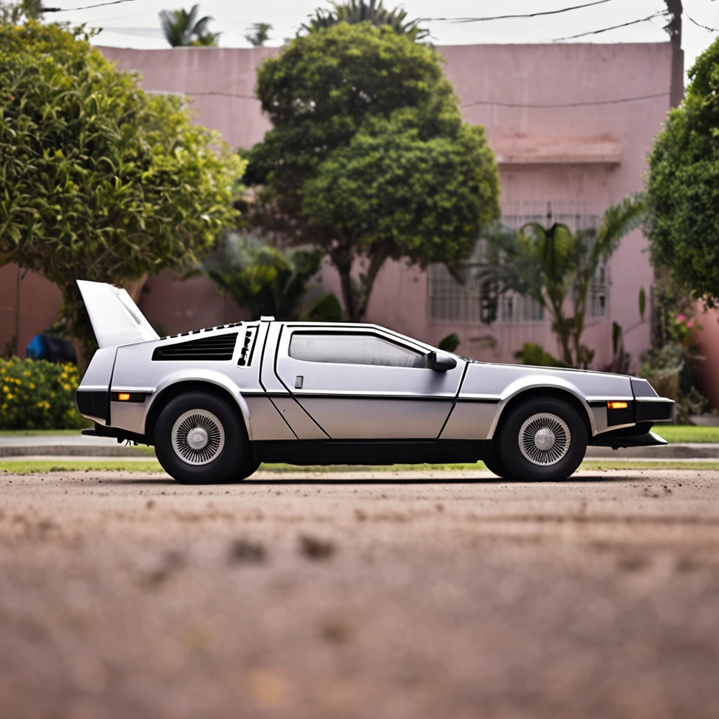 A retro sci-fi delorean car parked in the California neighborhood, no estilo hustlewave, 1980s, Post-Internet aesthetics, Onda de recife, Wet core, Transvanguardista, infantil