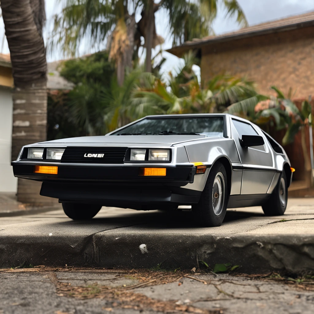 A retro sci-fi delorean car parked in the California neighborhood, no estilo hustlewave, 1980s, Post-Internet aesthetics, Onda de recife, Wet core, Transvanguardista, infantil