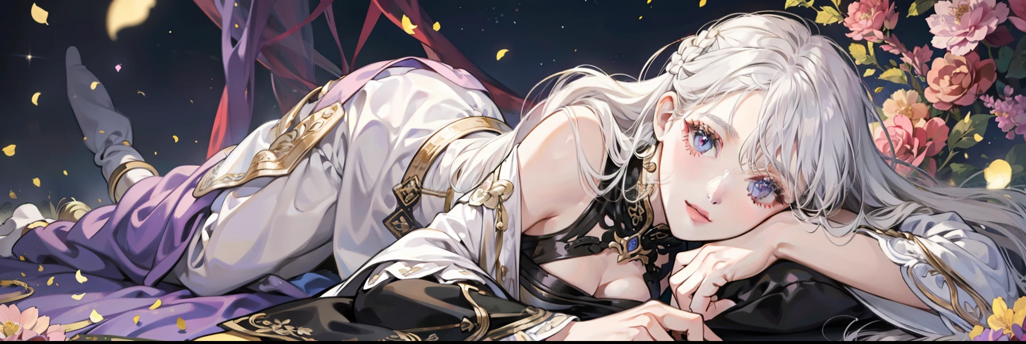A young girl lying on various flowers,long layered silvery white hair,Long hair scattered,Long fluffy hair,Light purple eyes,Black dress,Shoulders exposed,The feeling of the wind blowing,the night,Background full of flowers,Flowers fill the background,Lying on various flowers,Light,jewelry,Cinematic lenses,Light,atmosphere,Drawing,Full-HD,Ultra detailed,carefully drawn,