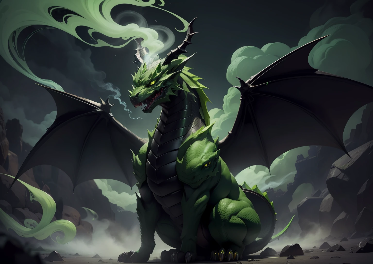1Black dragon,adicionar veneno na boca, adicionar armadura prata, adicionar asas grandes, dentes afiados, Two paws on the ground, dragon's head, veneno verde, demonio, veneno verde, green smoke, Vapor verde, place covered with green smoke, veneno, acid, gosma,
