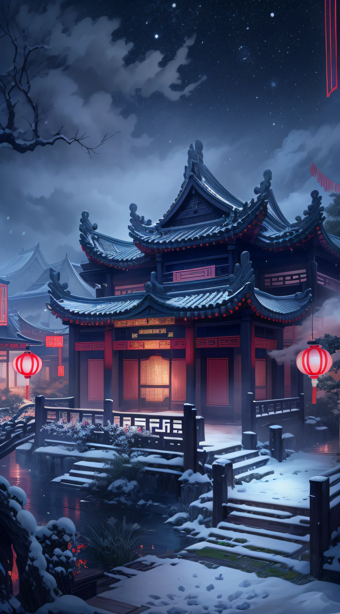 Rendering in surreal CG ancient China，Jiangnan ancient buildings and ancient towns have Yaolin wonderland。the night，The stars are bright，The smoke is fascinating，Maple leaves and milk leaves are trees。snow landscape。k hd