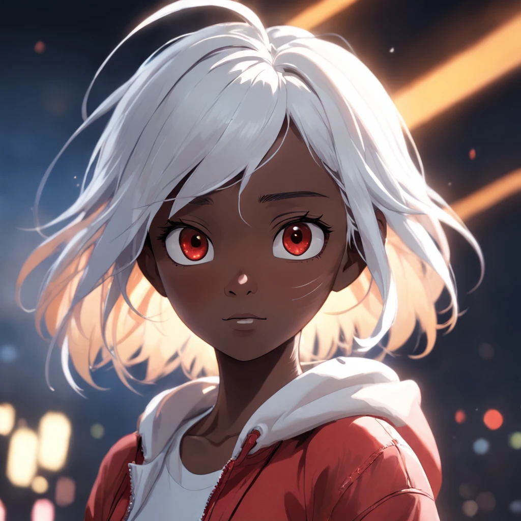 Female, , 3D Pixar style character, bulk body, front image, dark skin color, white hair color, clothing, white T-shirt with red jacket, looking at viewer, solo, upper body, ((masterpiece)), (best quality), (extremely detailed), depth of field, sketch, dark intense shadows, sharp focus, soft lighting, hdr, colorful, good composition, spectacular, anime screencap, detailed eye. detailed image, white background, rendered in unreal, movie promo image, rendered image masterpiece, best quality, movie still, close-up, bright, happy, warm soft lighting, (sparks:0.7) masterpiece, best quality, movie still, close-up, bright, warm soft lighting, (sparks:0.7) --auto --s2