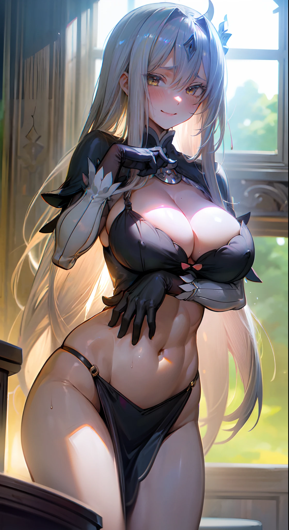 (huge breasts), (narrow waist), ((Extremely detailed)), 4K, (8K), Best Quality, (Beautiful), masterpiece, best quality, high_resolution, finely detailed, extremely delicate and beautiful, 1 girl, very long silver hair, narrow waist, cleavage, Jeanne d'Arc alter (Fate Grand Order), Echidna (Re:Zero), looking at the audience, gigantic cleavage breasts, sexy huge ass, beautiful high detailed smile, beautiful face, pastel_yellow eyes, beautiful high detailed eyes, beautiful thick body, very erotic, gigantic cleavage breasts, sexy big buttocks, very wet beautiful glamorous body, sexy very big breast, sexy big butt, big breasts insertion, high detailed beautiful sexy body, very wet body, UHD, NSFW, highres, best quality, belly button, sexy big buttocks, room, window with beautiful night view,（luminouslighting，Atmospheric lighting）, sexy black dress, long gloves