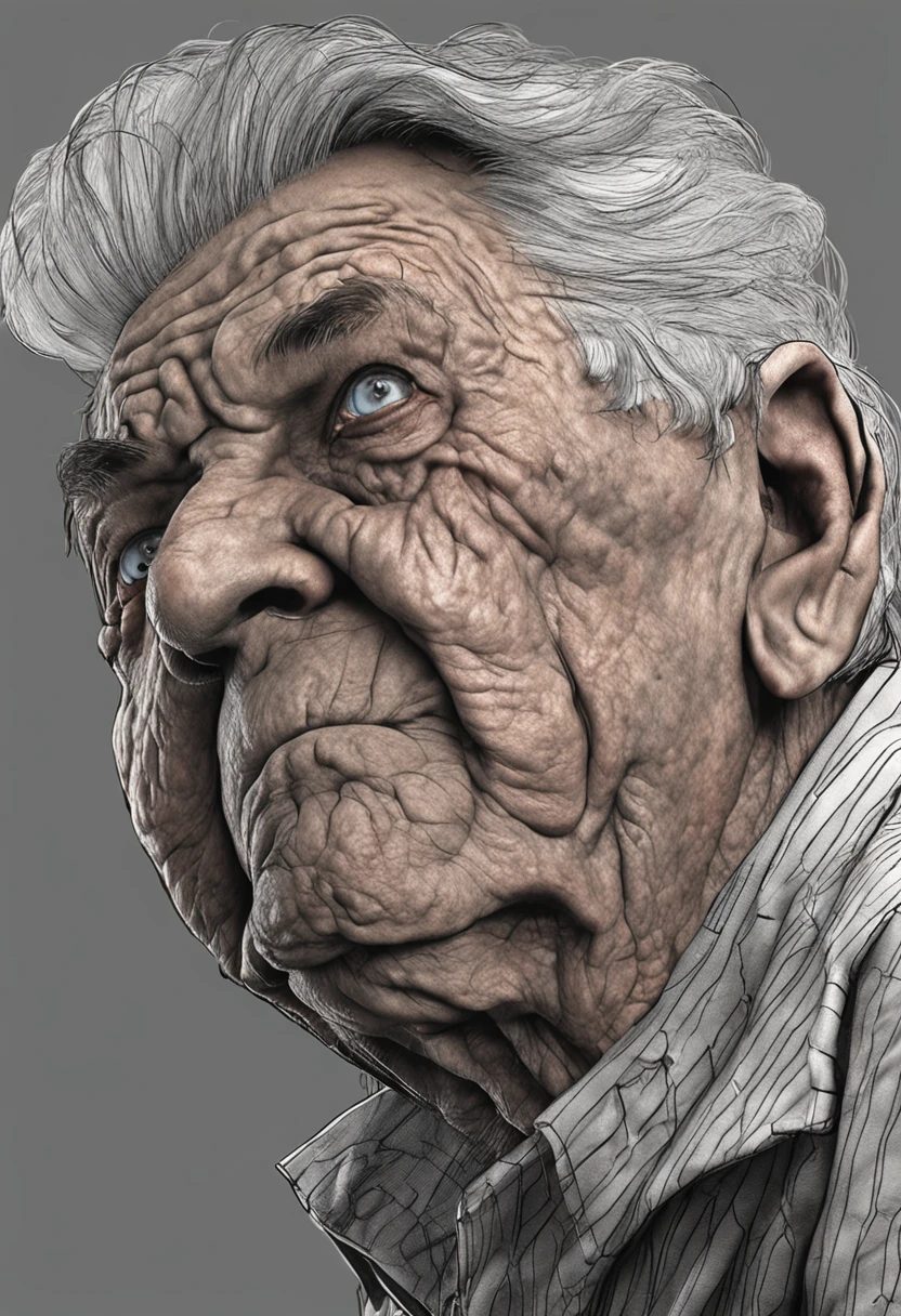 Gray-haired elderly,with wrinkles on his face,Curved figure,The expression is kind and somewhat stern,
