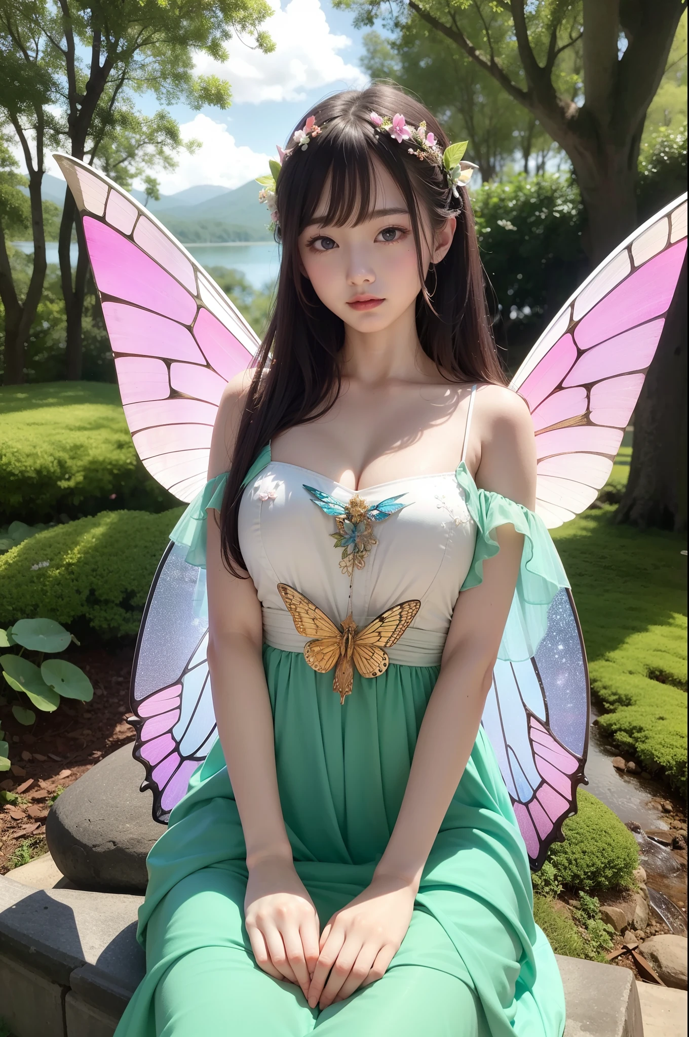 (Best Quality,Ultra-detailed,Realistic:1.37)、forest fae、An 18-year-old woman、Forest personification、(Sharp eyes:1.5)、Bewitching look、Forest hair ornament、((topless)), ((breast showing)),pink nipple, very big breast showing, (Fairy with wings:1.5)、(Costumes with forest motifs、Emphasis on the characteristics of the forest)、nature scenery、Full body, very big breast, sexy pose, no underwear,