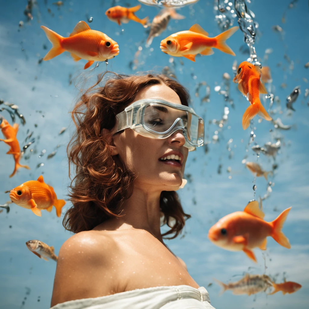 (Adult Spanish woman:1.6), (with a round aquarium on his head full of water and goldfish:1.3) (polyvinyl Jacket With Rivets:1.3), best quality, sunlight, detailed face, gorgeous eyes, realistic skin details, high quality, seen from below, romantic, high quality, film grain, Cinematic Light, sidelighting, sharp focus