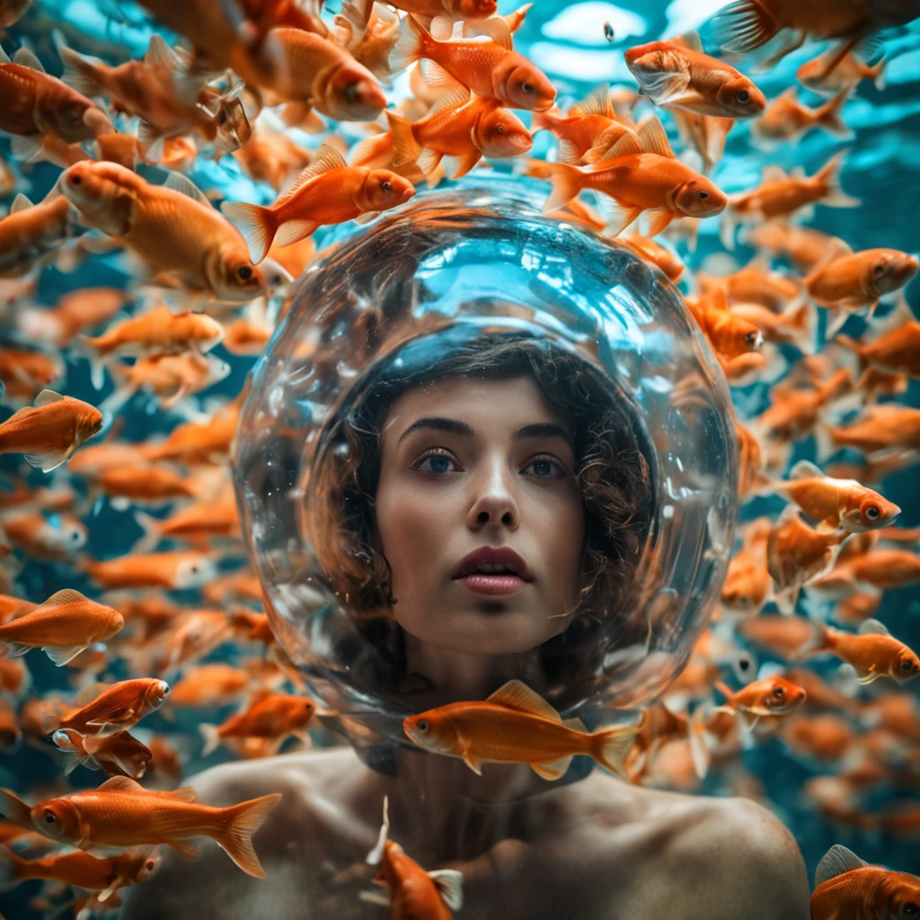 (Adult Spanish woman:1.6), (with a round aquarium on his head full of water and goldfish:1.3) (polyvinyl Jacket With Rivets:1.3), best quality, sunlight, detailed face, gorgeous eyes, realistic skin details, high quality, seen from below, romantic, high quality, film grain, Cinematic Light, sidelighting, sharp focus