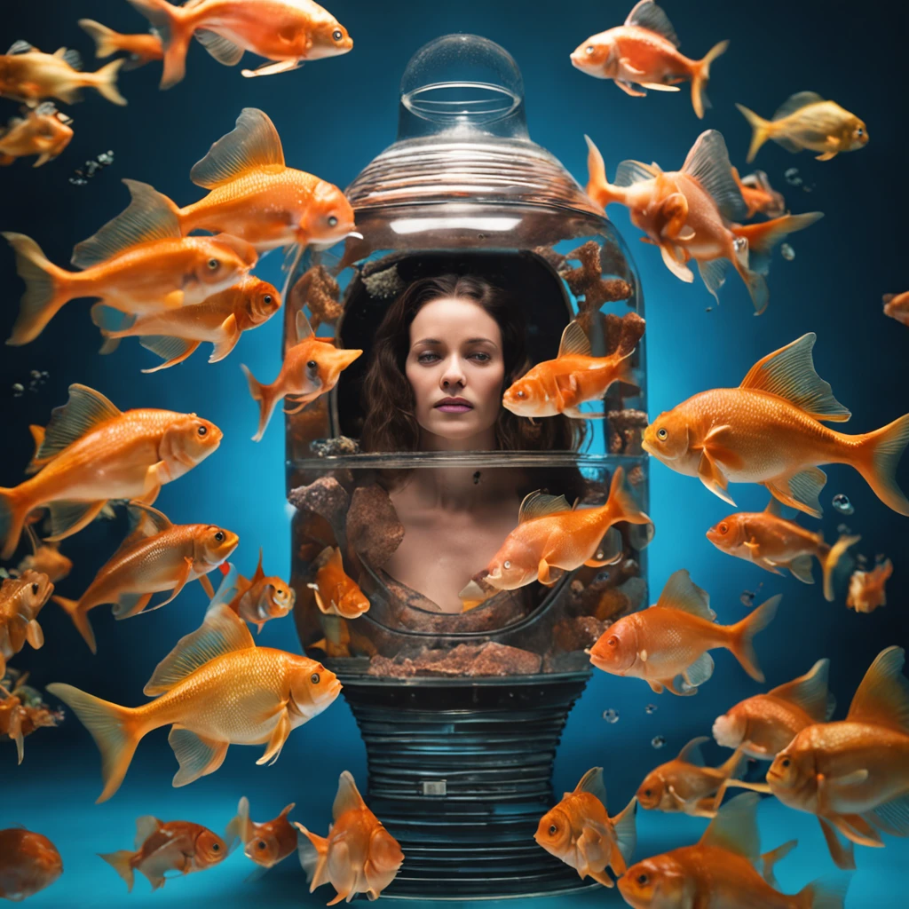 (Adult Spanish woman:1.6), (with a round aquarium on his head full of water and goldfish:1.3) (polyvinyl Jacket With Rivets:1.3), best quality, sunlight, detailed face, gorgeous eyes, realistic skin details, high quality, seen from below, romantic, high quality, film grain, Cinematic Light, sidelighting, sharp focus