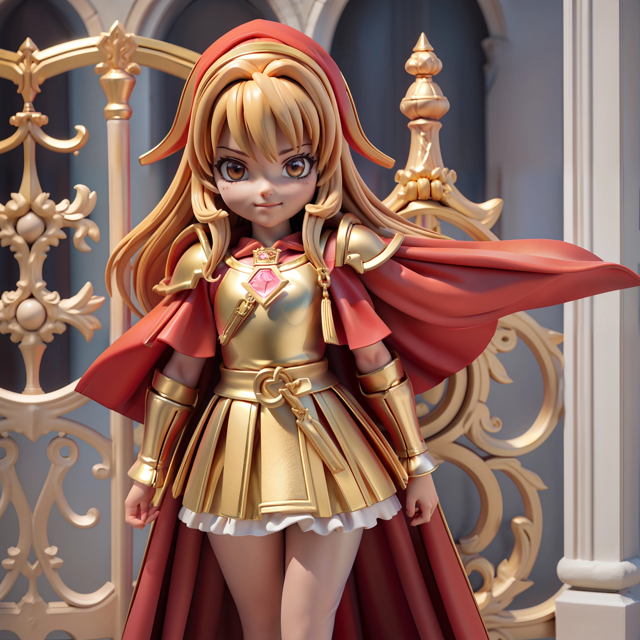 hyper HD, Masterpiece, Textured skin, Super detail, High details, Best quality, 1080p, Solo，Q version style, a 3D render,(royal knights)(a little lovely kid girl)，Wearing heavy golden armor and red cape，（Holding a large sword in her hand：1.7），Stand in front of the gates of the castle