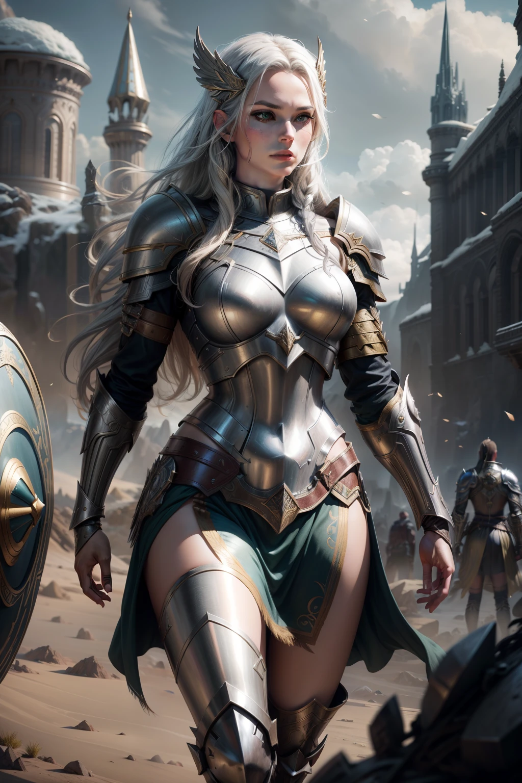 Asgard，Valkyrie，Lady Knight，silver armor，anatomy correct，Gold accents，epic fantasy digital art，tmasterpiece，8K，high definition resolution，Detailed detail drawing，high qulity，, Epic composition,