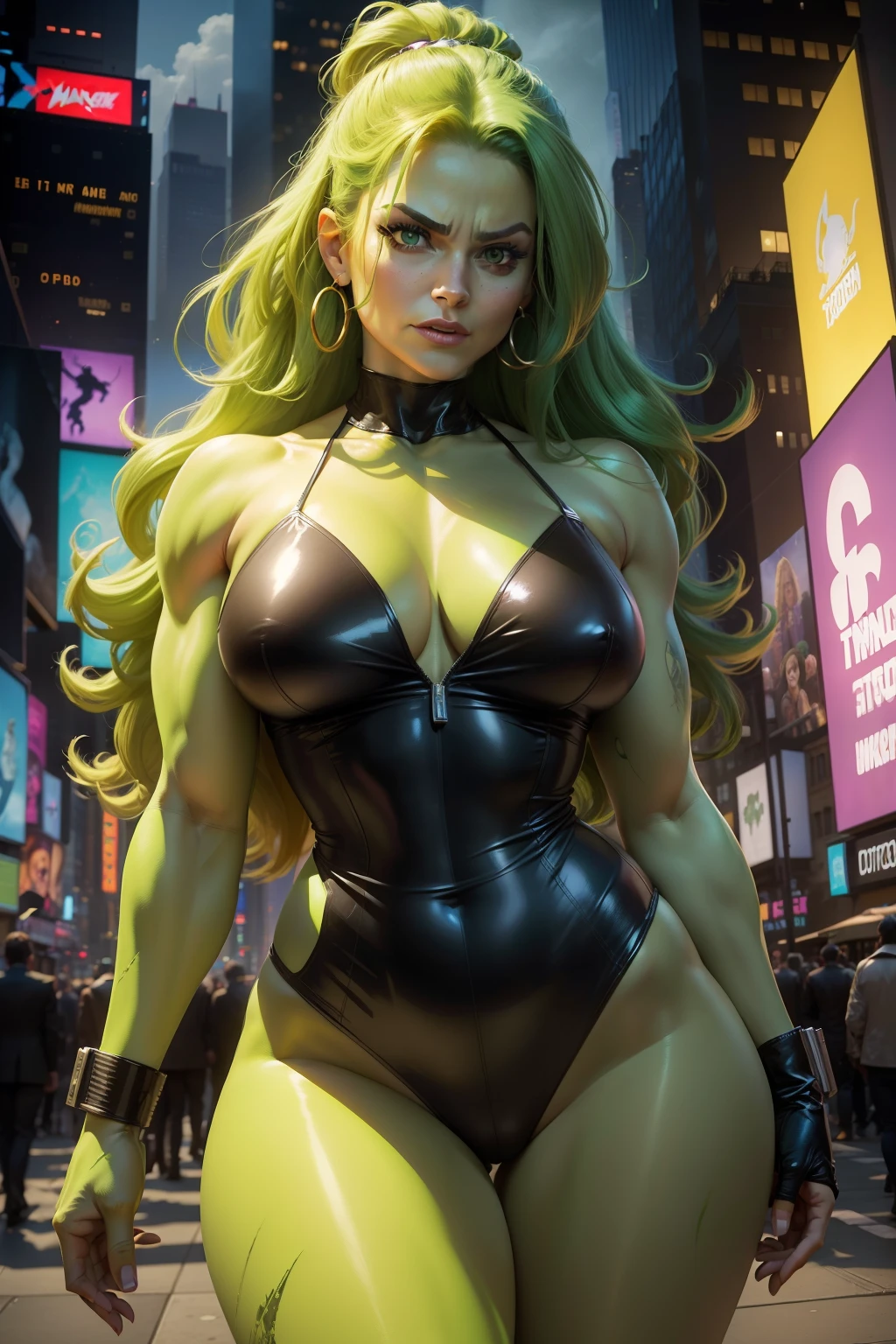 New York, time square, She-Hulk, also known as Jennifer Walters, beautiful rosot character and striking eyes from Marvel Comics. She is a brilliant lawyer and the cousin of the original Hulk, Banner Bruce. After receiving a blood transfusion from Banner, Jennifer acquires powers similar to his. However, unlike the unstoppable Hulk, she retains her personality and intelligence while green in Hulk form... heroic. She-Hulk is known for her confident attitude and sense of humor, making her an endearing figure in the Marvel universe.
